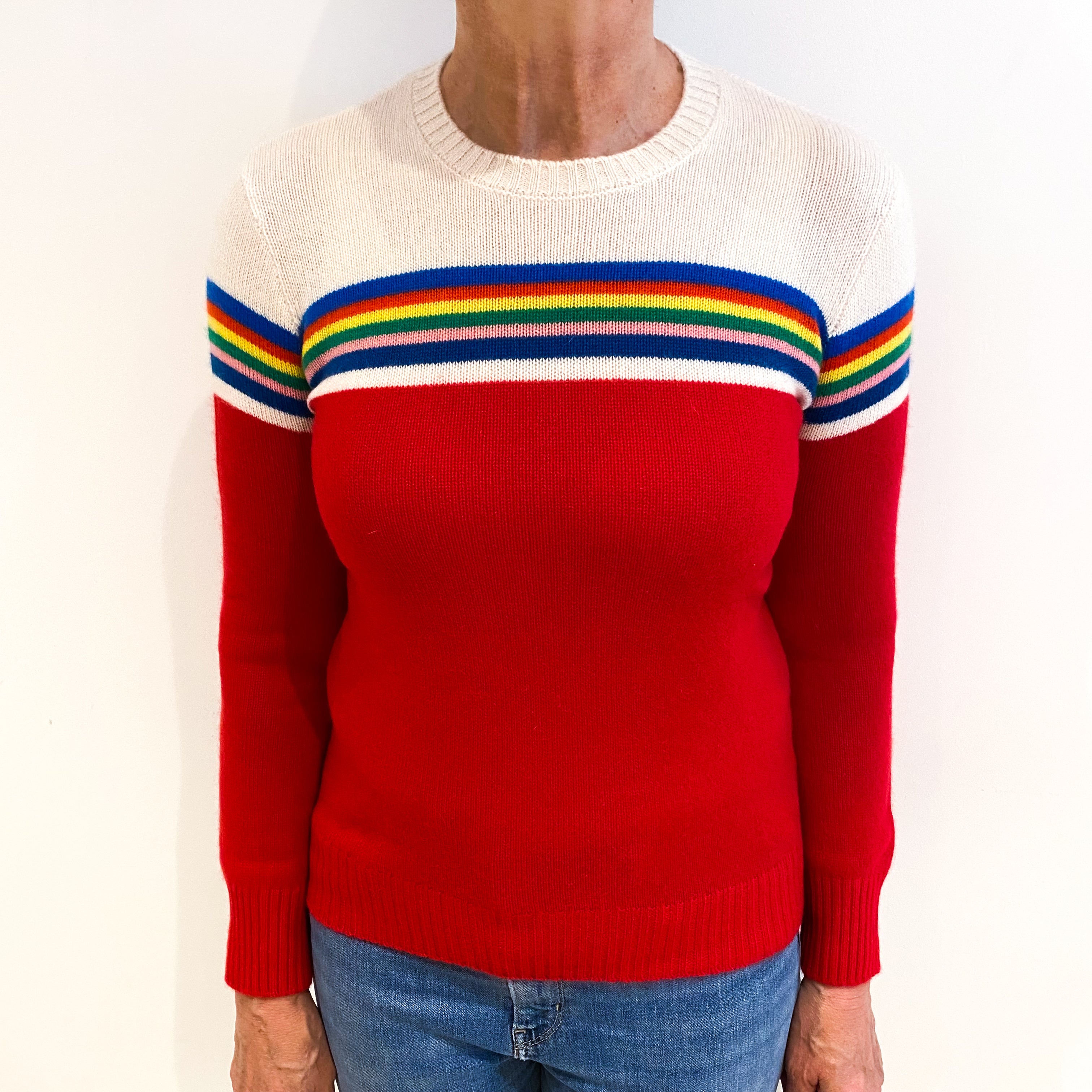 Vanilla and Red Rainbow Cashmere Crew Neck Jumper Medium