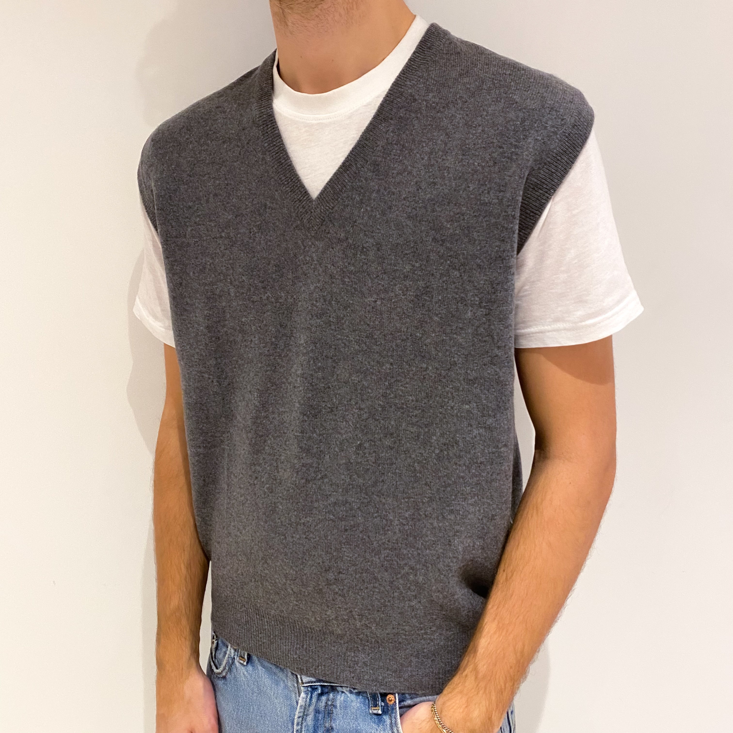 Men's Slate Grey Cashmere V Neck Tank Top Large