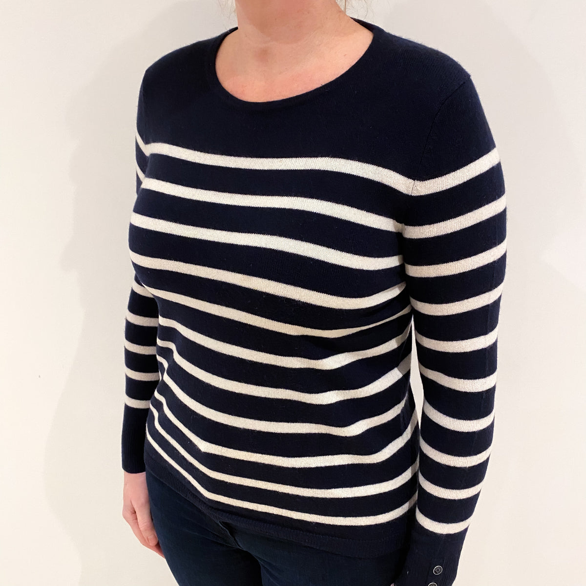 Navy and Cream Cashmere Crew Neck Jumper Large