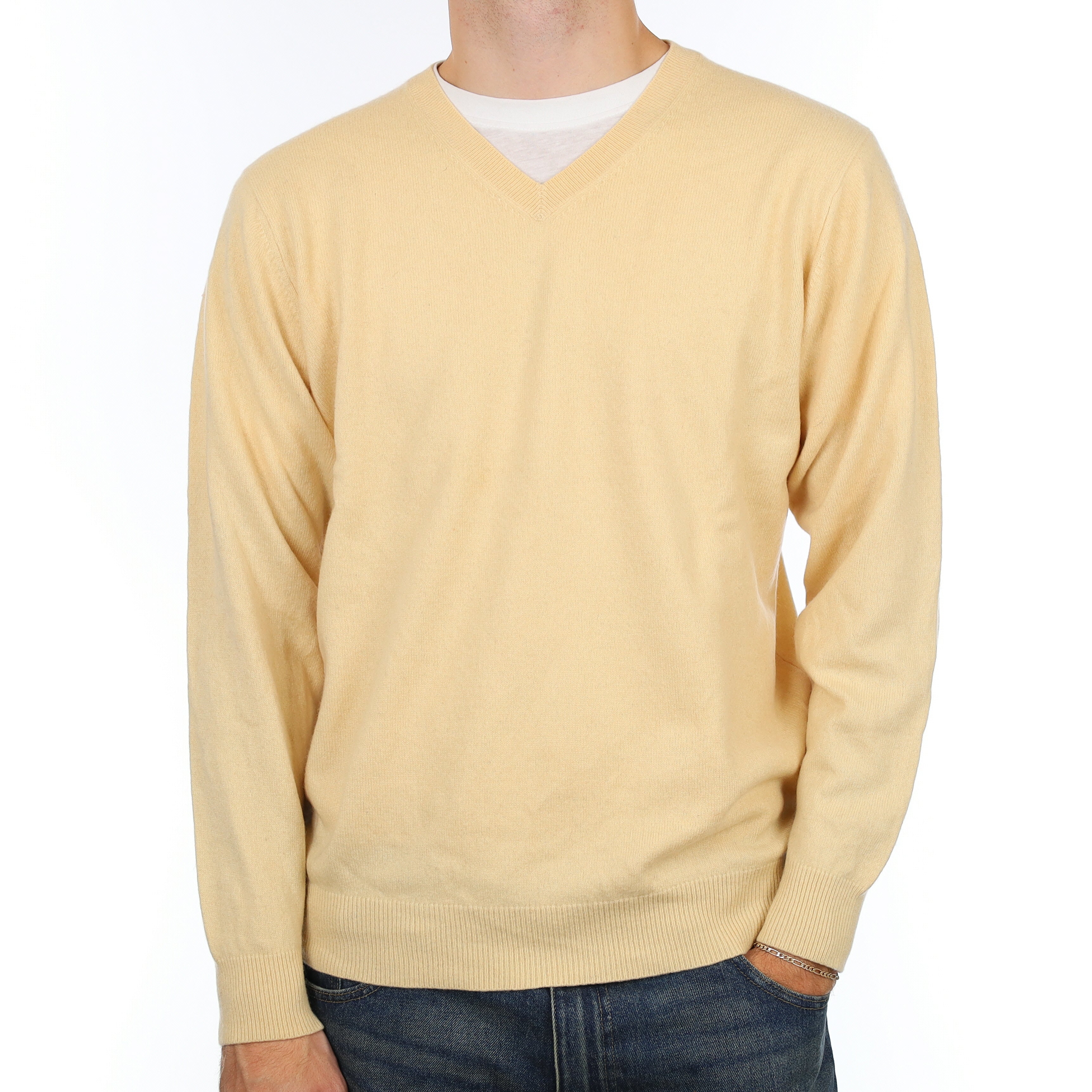 Men’s Buttermilk Cashmere V Neck Jumper Large