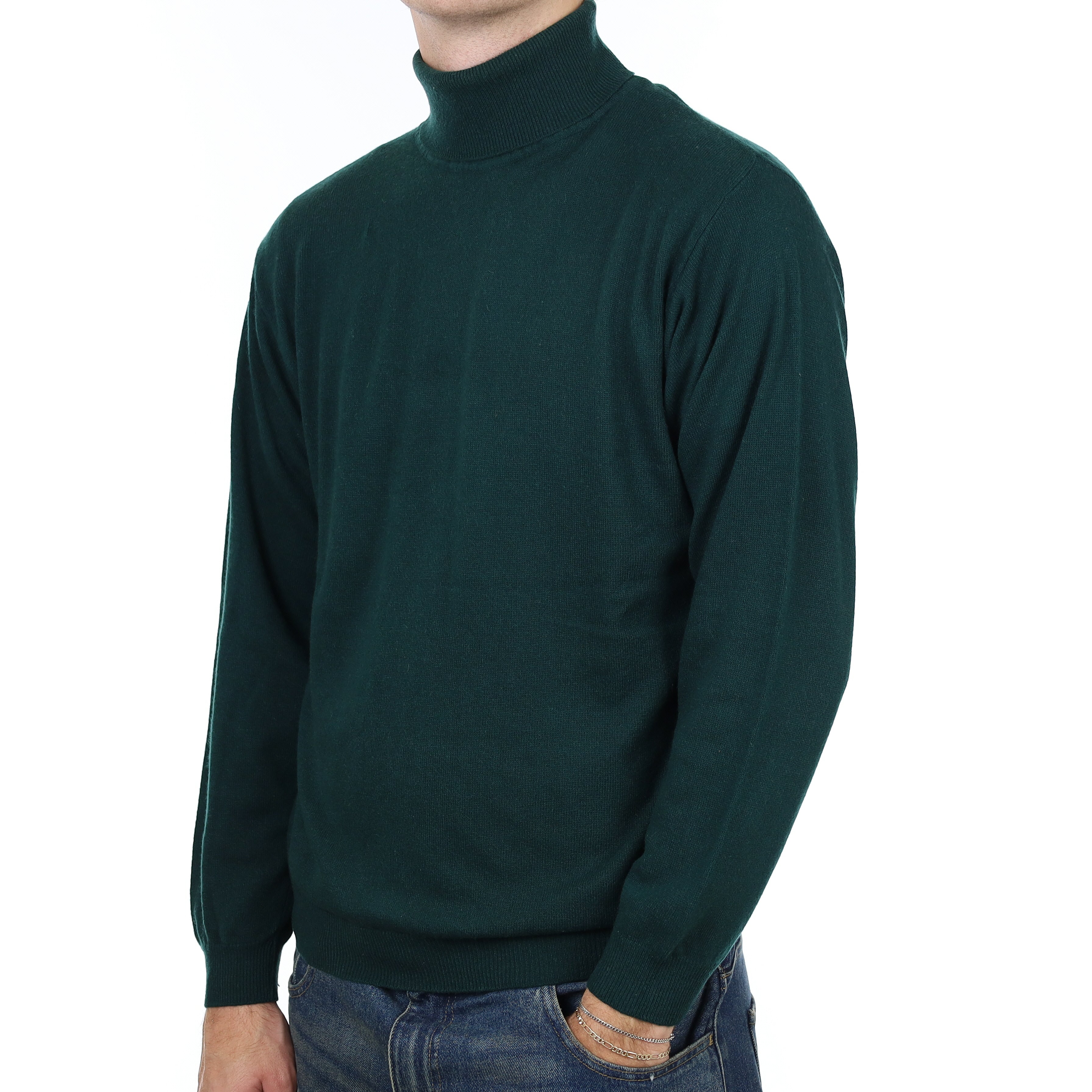 Men’s Bottle Green Cashmere Polo Neck Jumper Large