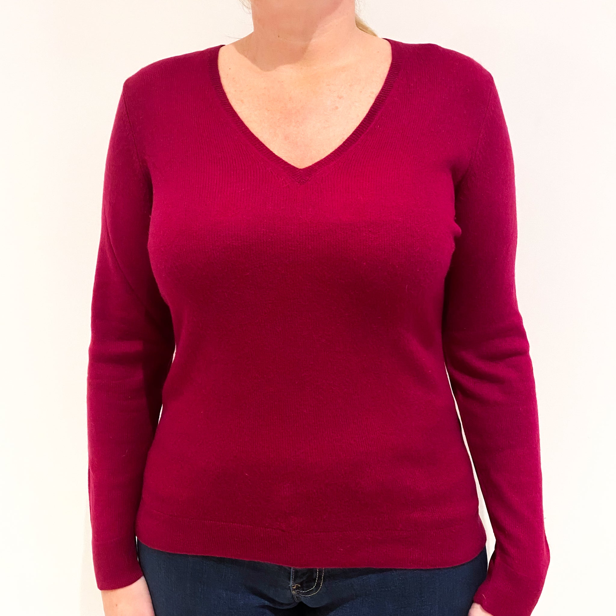 Loganberry Pink Lightweight Cashmere V-Neck Jumper Large