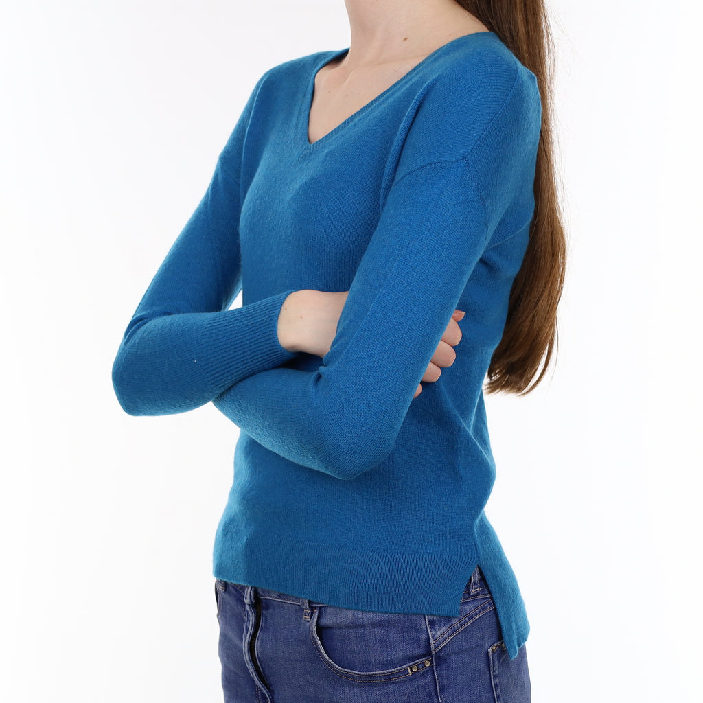 Peacock Blue Cashmere V Neck Jumper Extra Small
