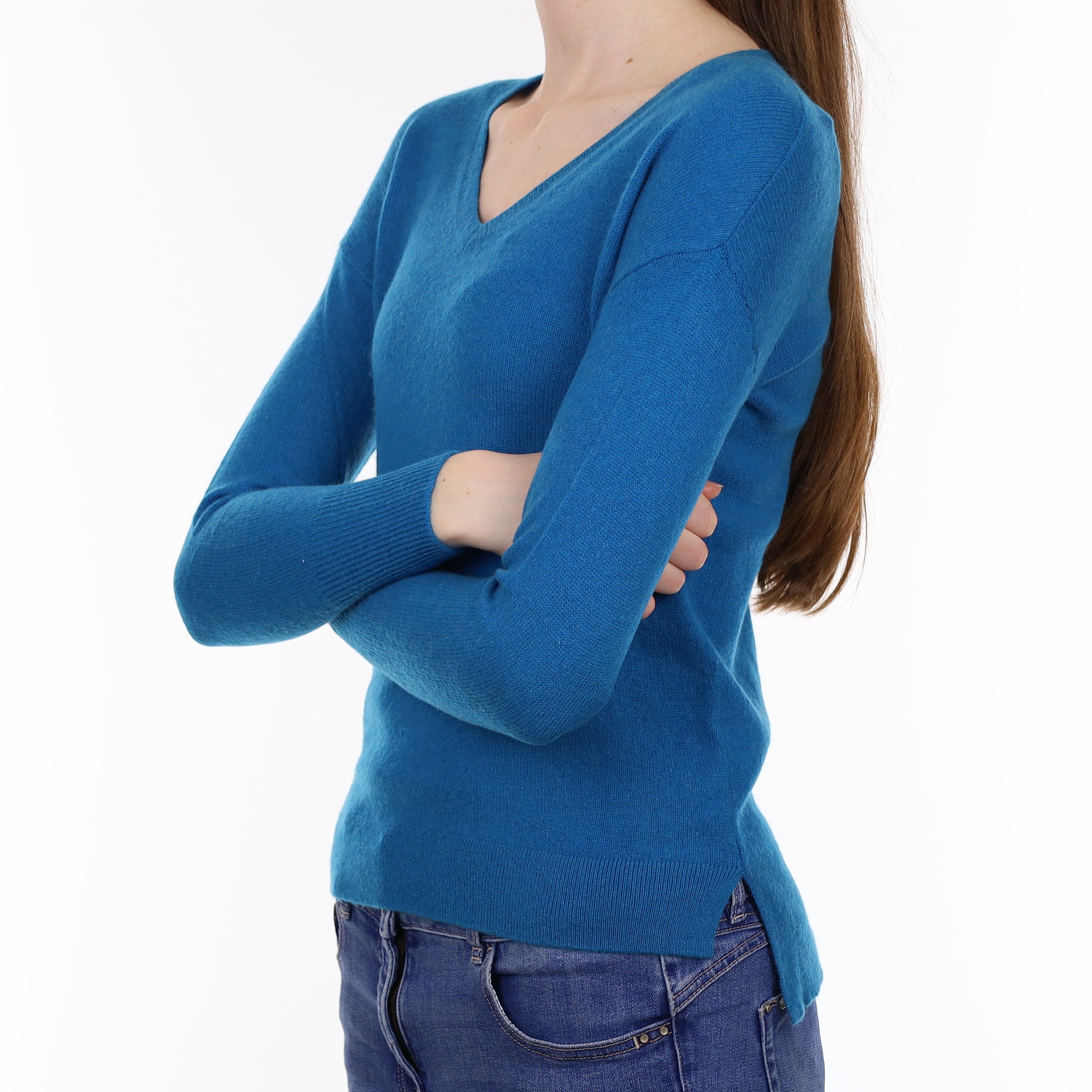 Peacock Blue Cashmere V Neck Jumper Extra Small