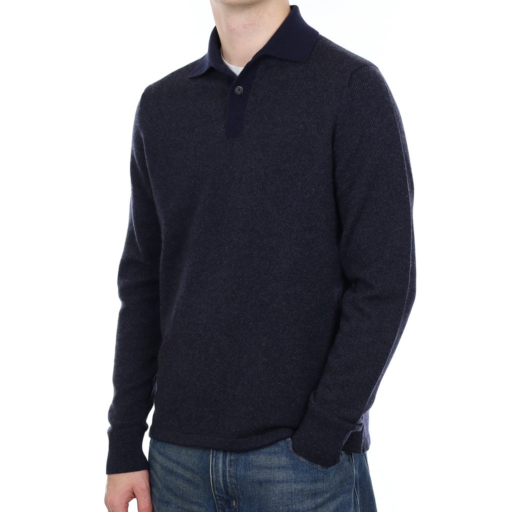 Men’s Brand New Scottish Navy and Grey Striped Cashmere 1/4 Button Jumper Medium