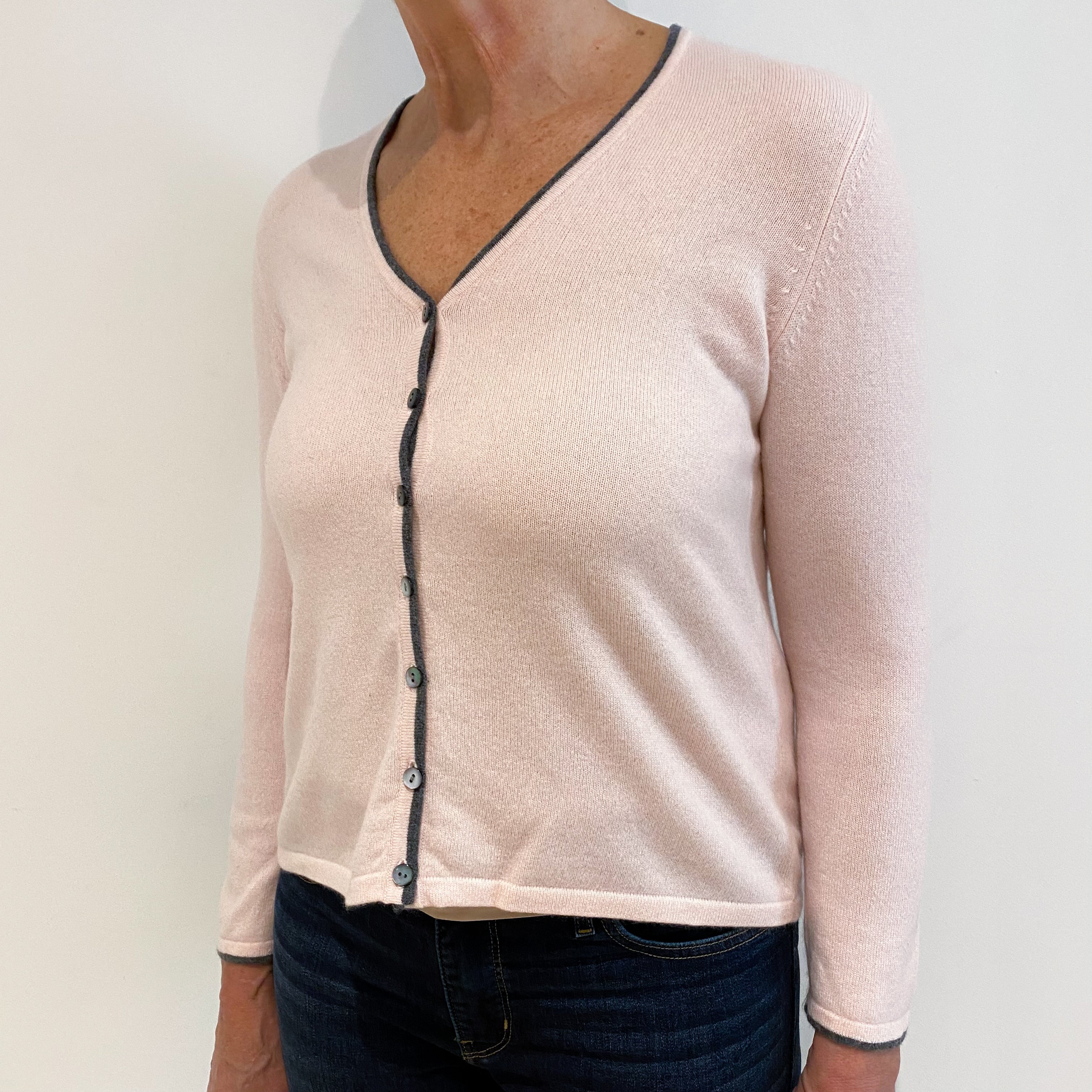 Shell Pink Grey Trim Cashmere V-Neck Cardigan Medium
