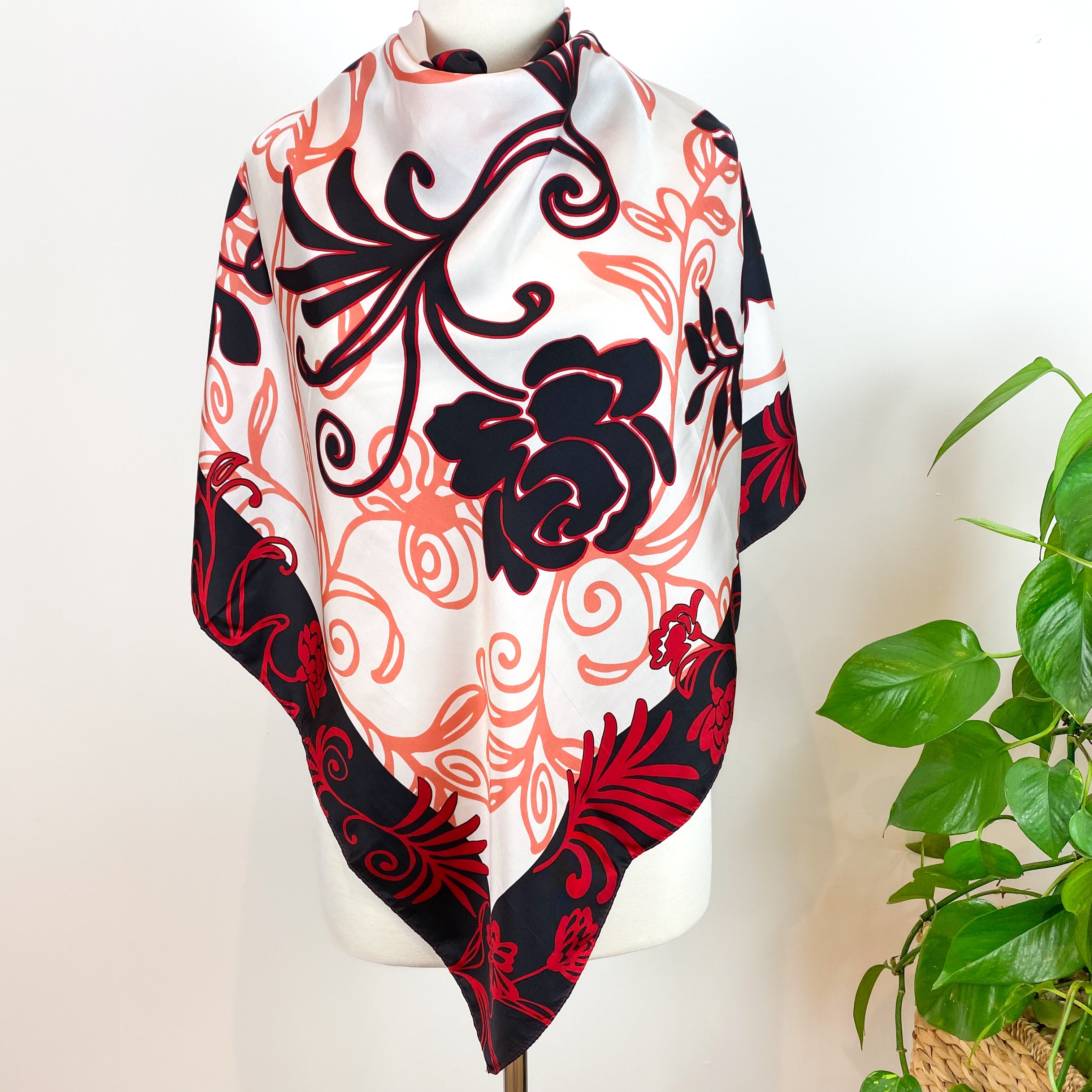 Striking Red Floral Silk Scarf