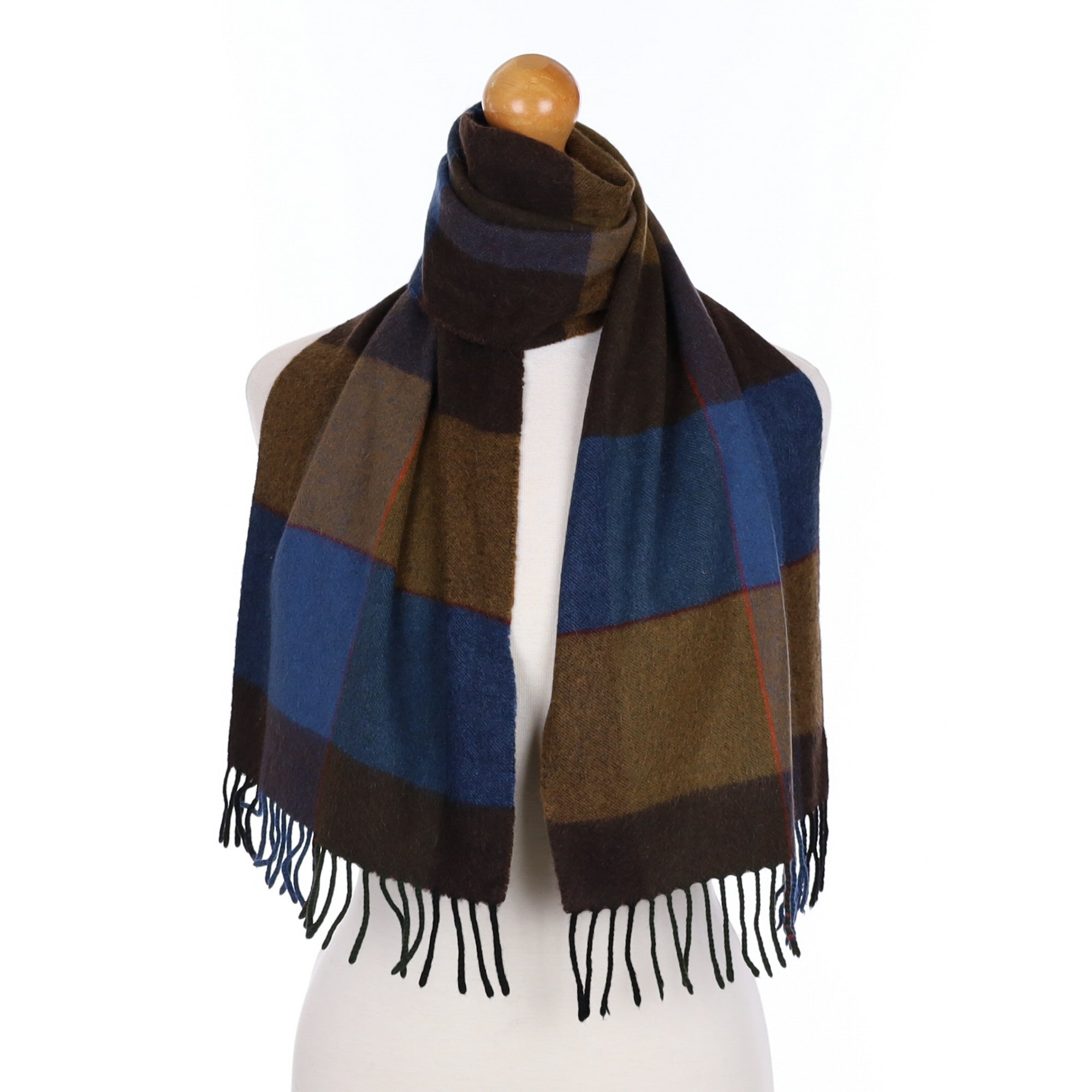 Cyan Blue and Brown Cashmere Tasseled Woven Scarf