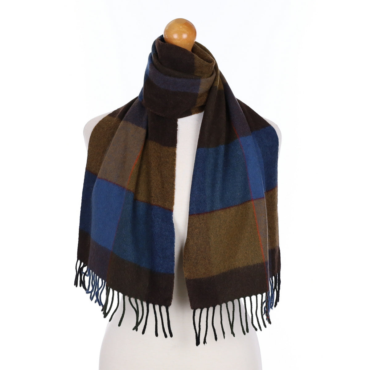 Cyan Blue and Brown Cashmere Tasseled Woven Scarf