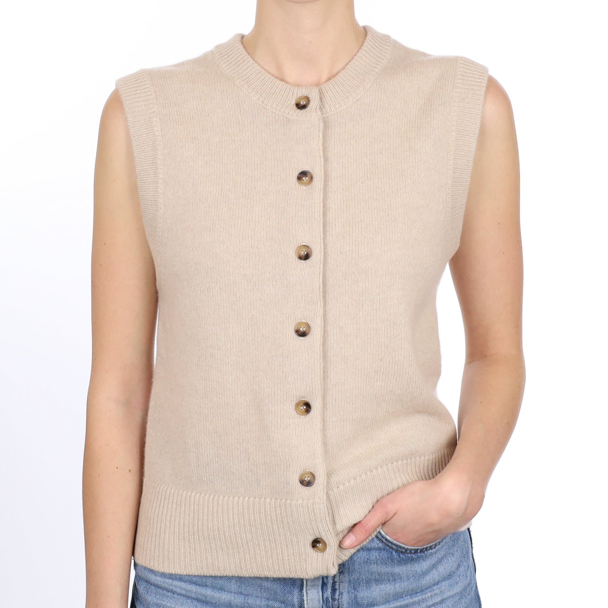 Brand New Oatmeal Luxury Cashmere Crew Neck Waistcoat Small UK 8-10