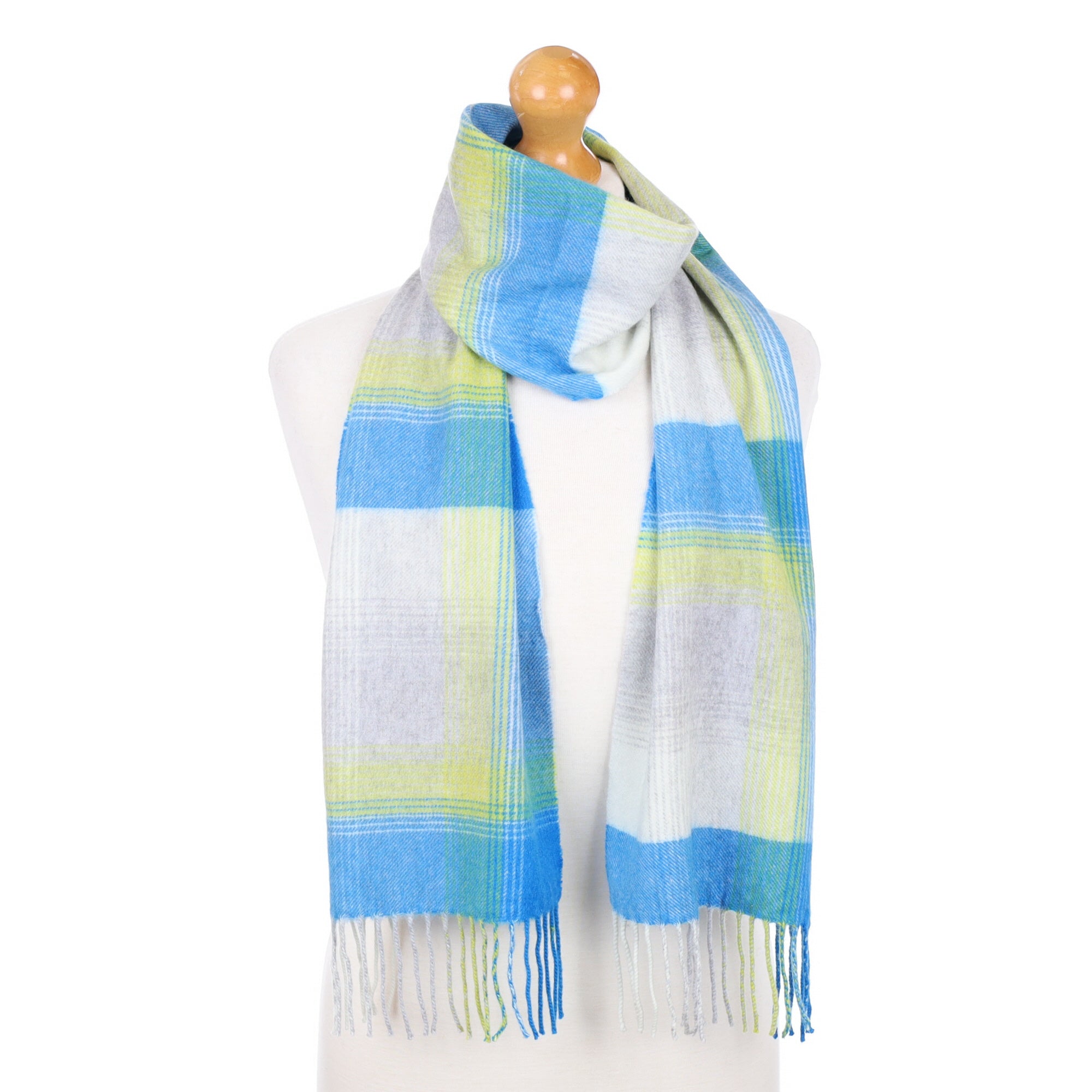 Aqua Blue and Yellow Checked Fringed Cashmere Woven Scarf