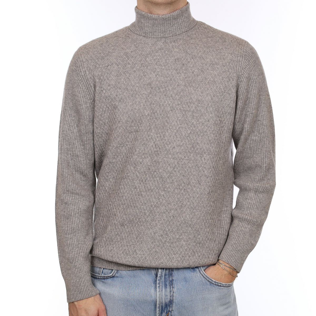 Men's Smoke Grey Textured Cashmere Polo Neck Jumper Large