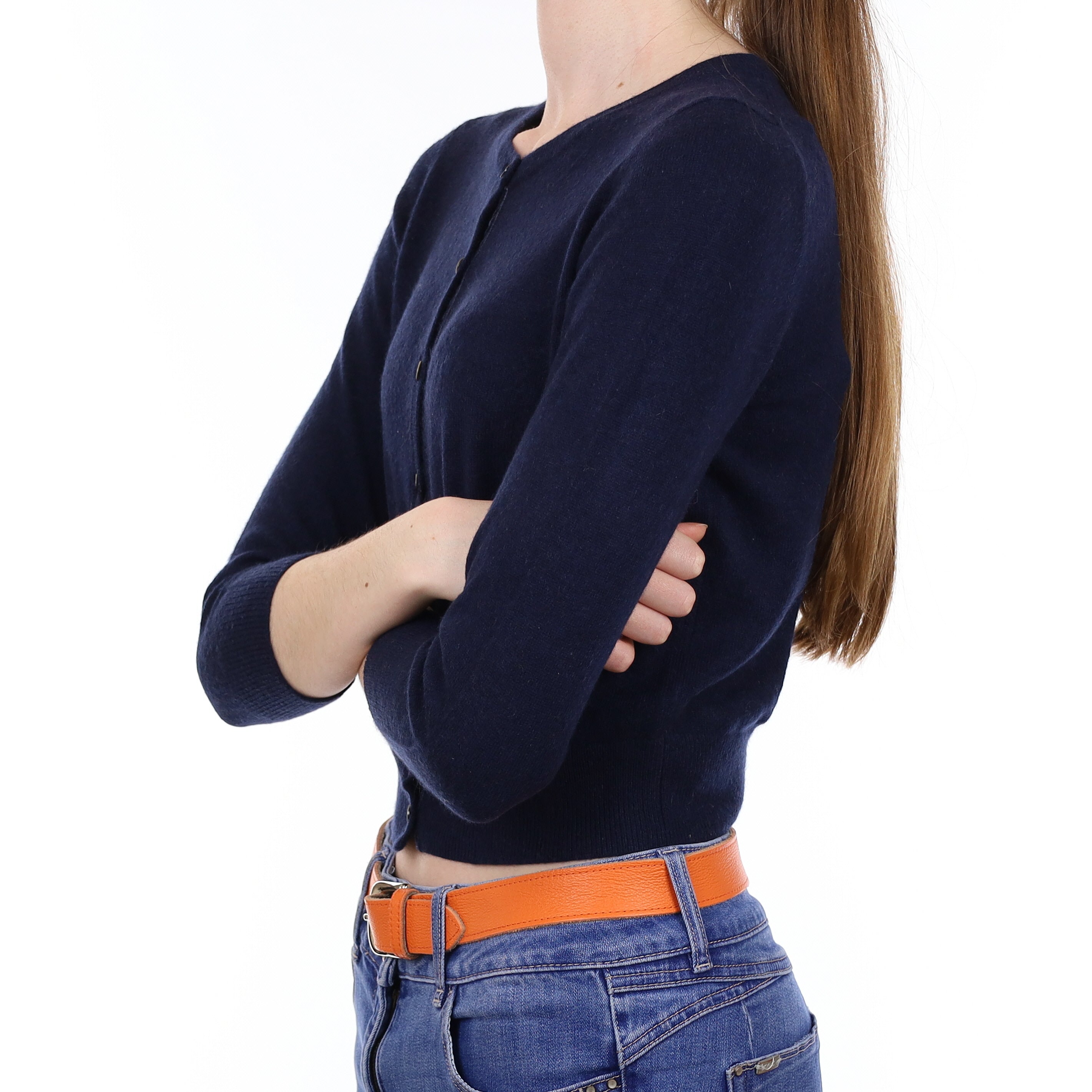 Navy Blue Cashmere Cropped Crew Neck Cardigan Extra Small