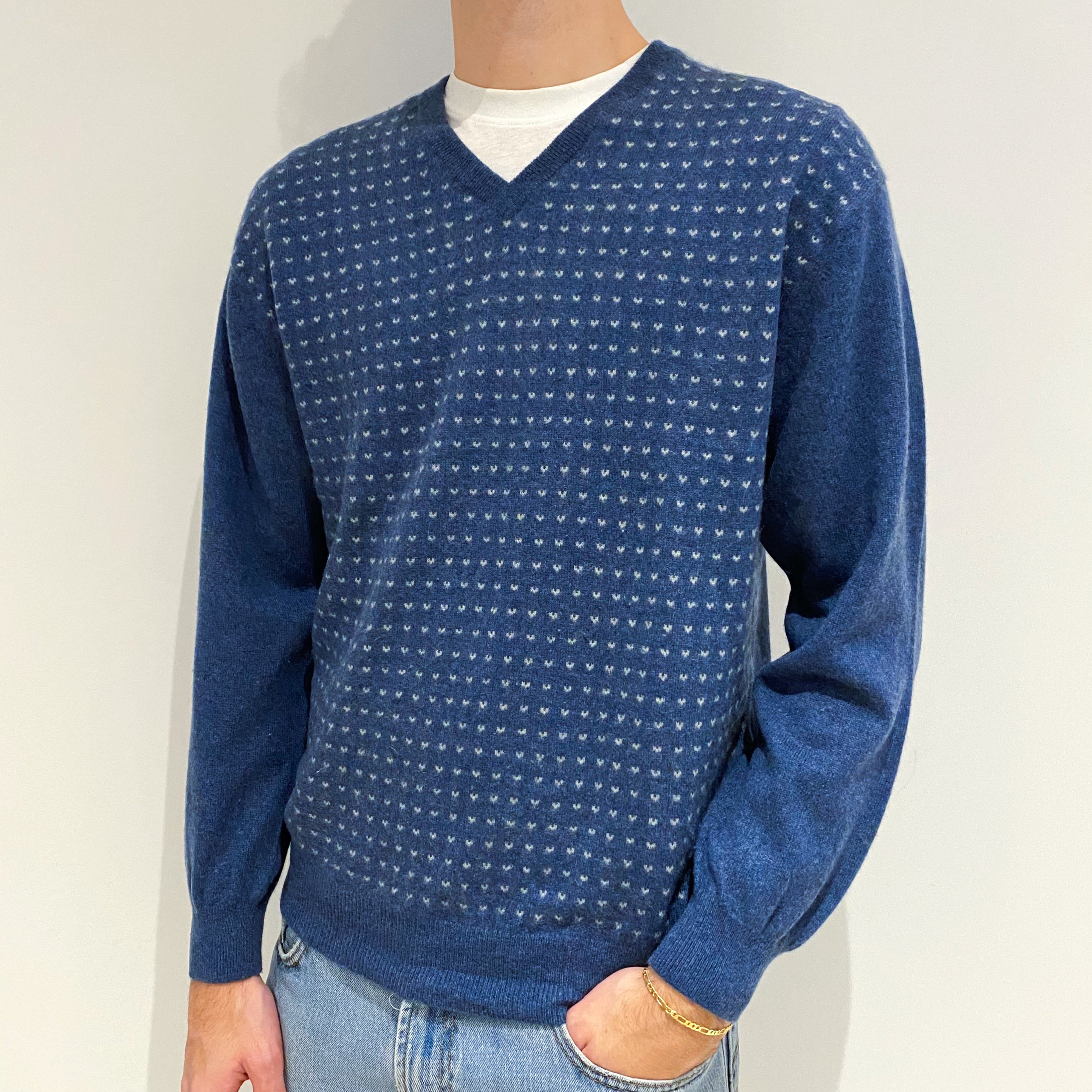 Men's Airforce Blue Patterned Cashmere V-Neck Jumper Large