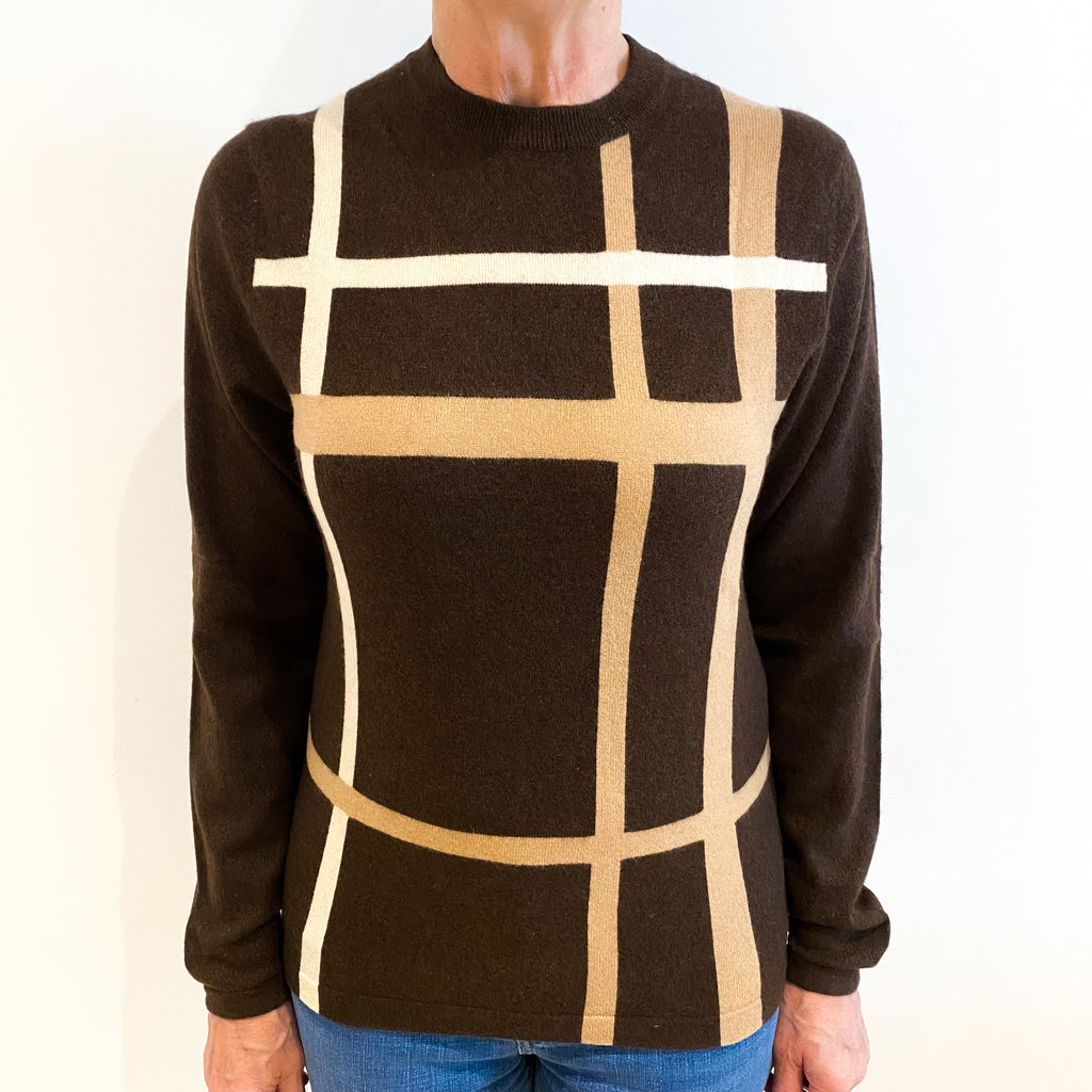 Brown and Caramel Checked Cashmere Crew Neck Jumper Medium