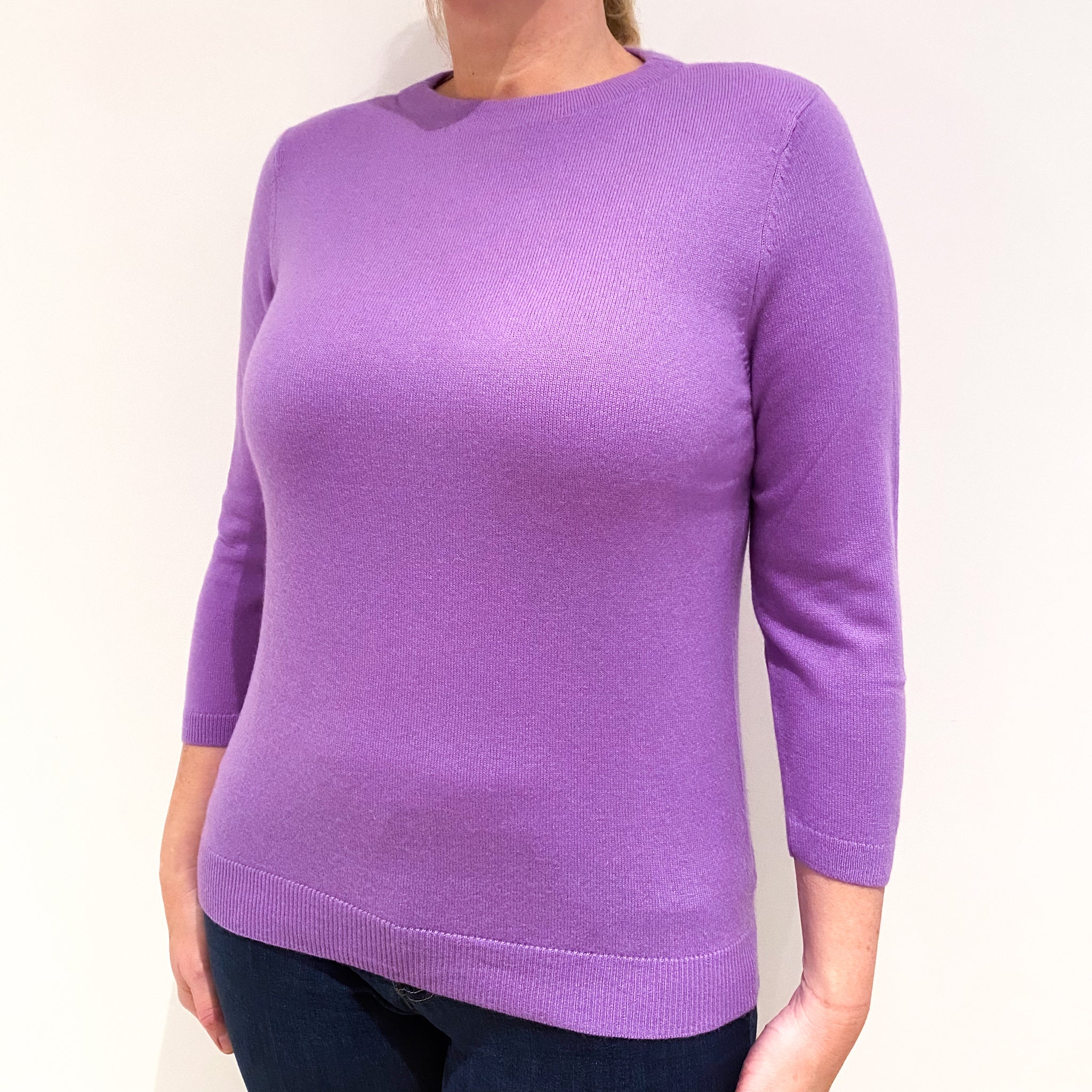 Lavender Purple 3/4 Sleeved Cashmere Slash Neck Jumper Large