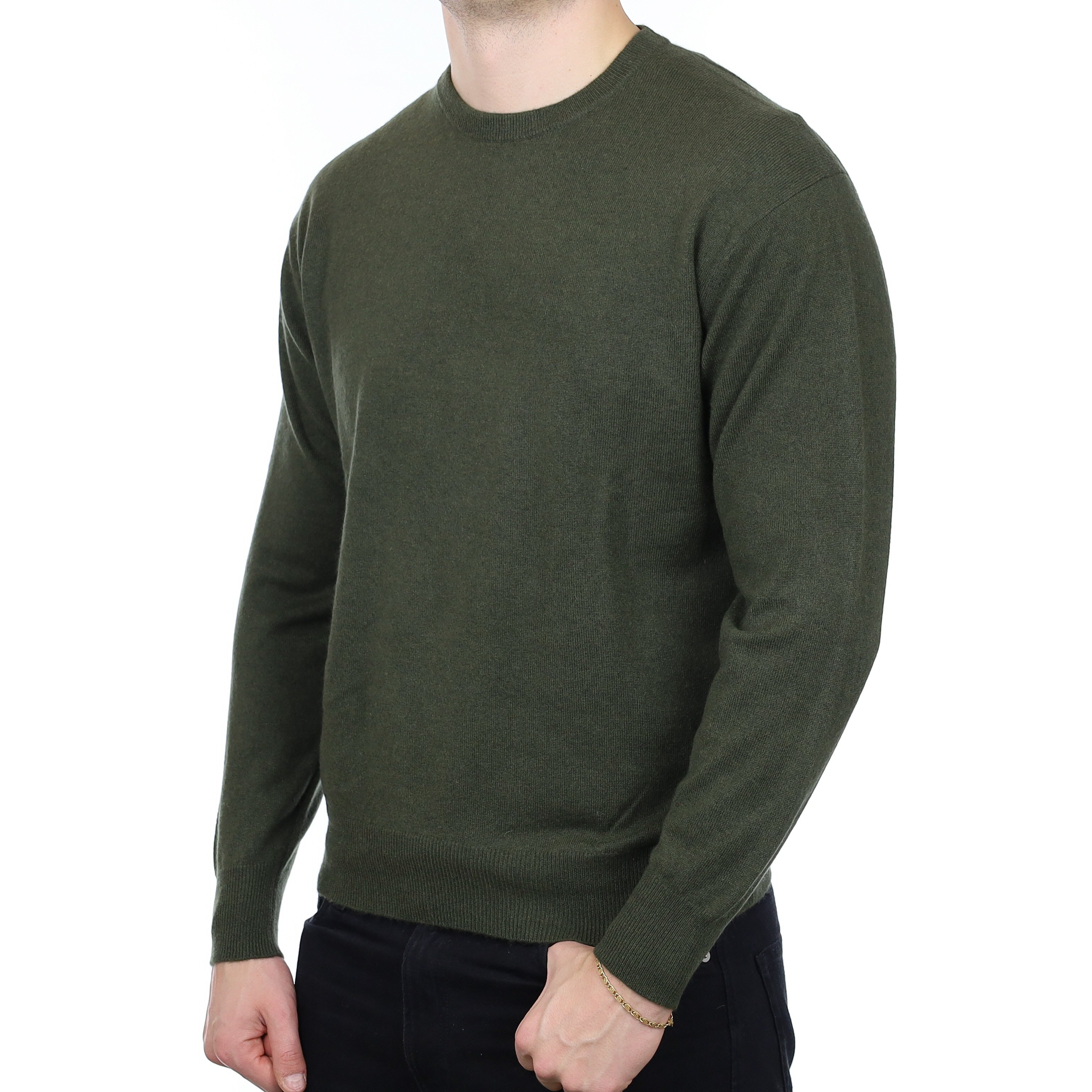 Men’s Khaki Green Cashmere Crew Neck Jumper Extra Large
