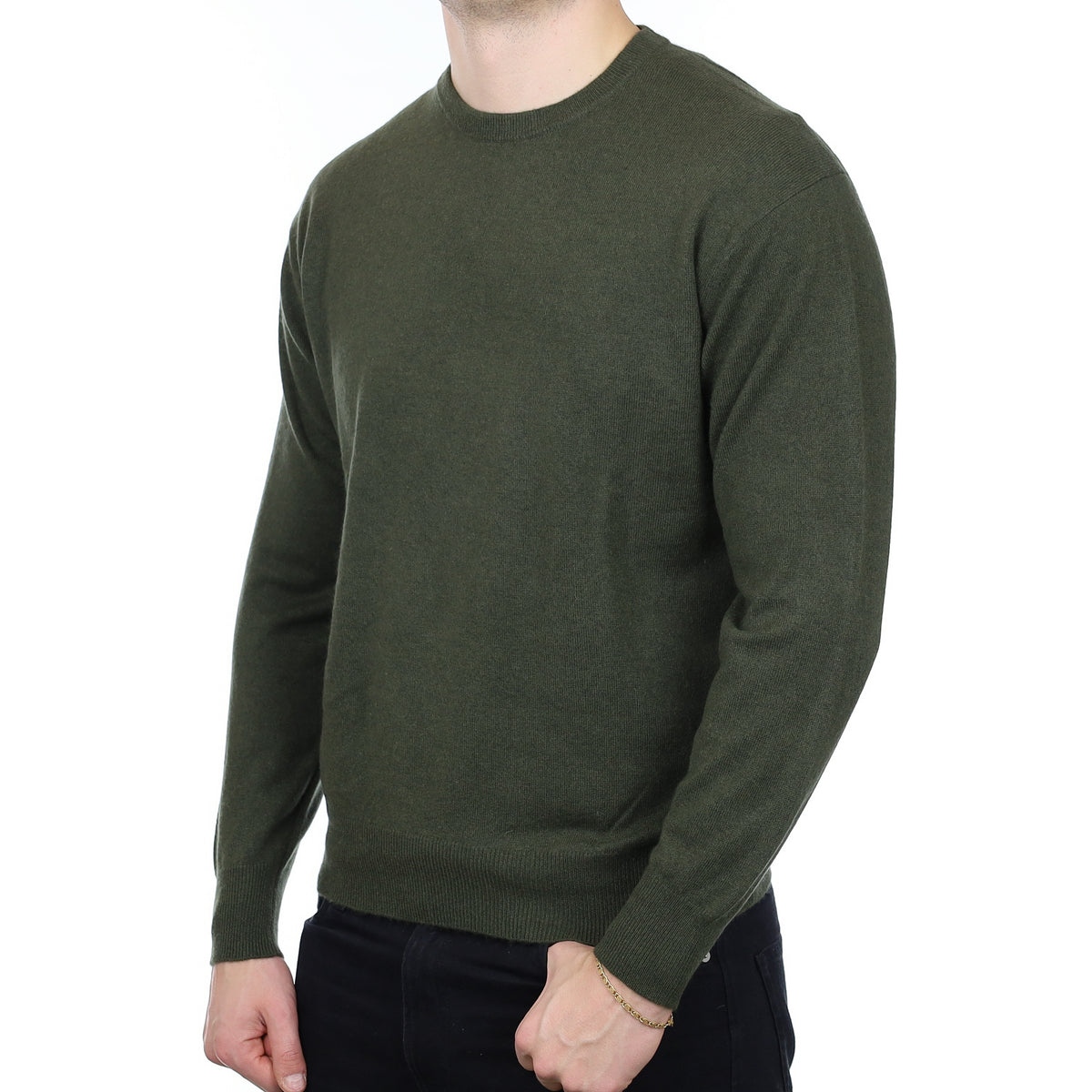 Men’s Khaki Green Cashmere Crew Neck Jumper Extra Large