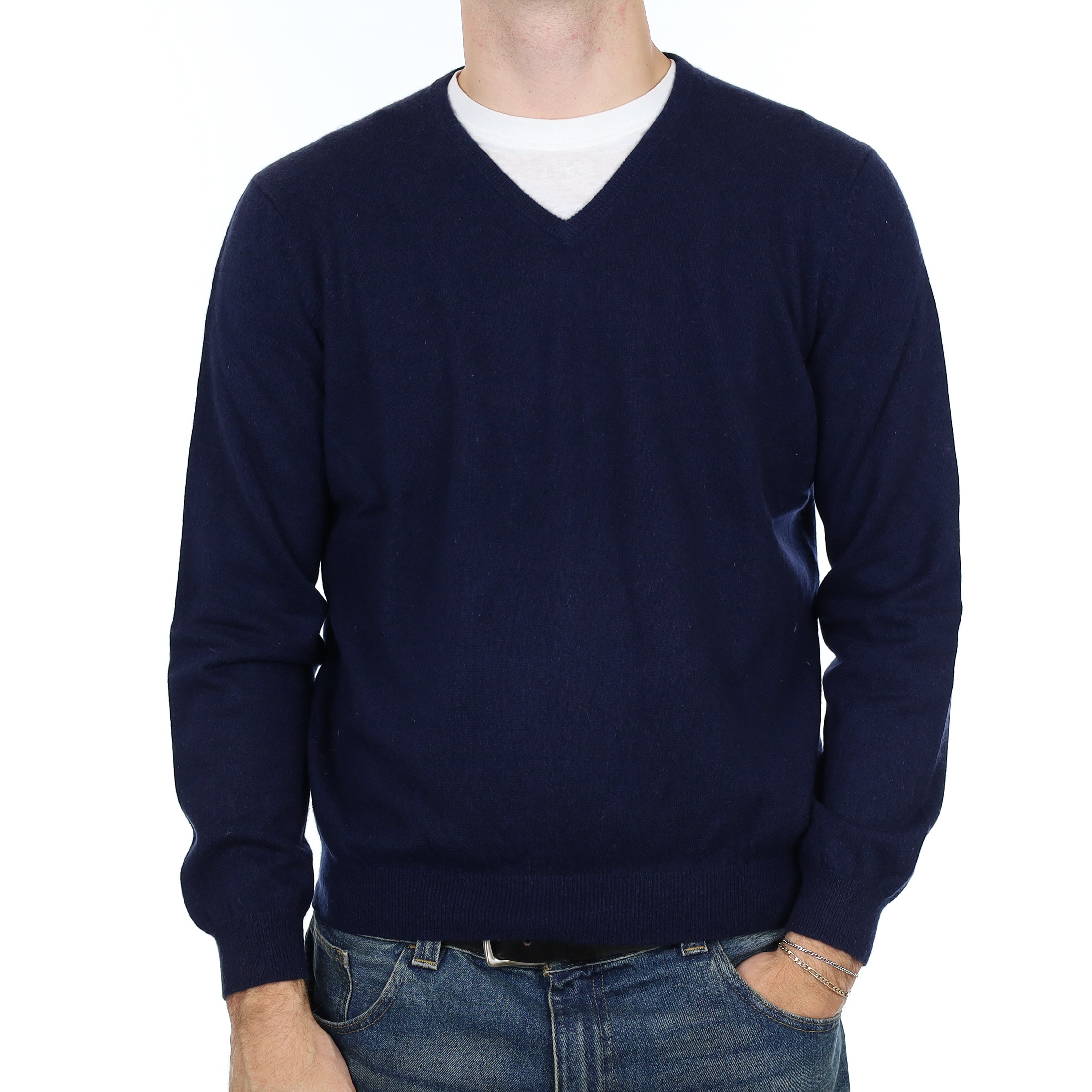 Men’s Navy Cashmere V Neck Jumper Large