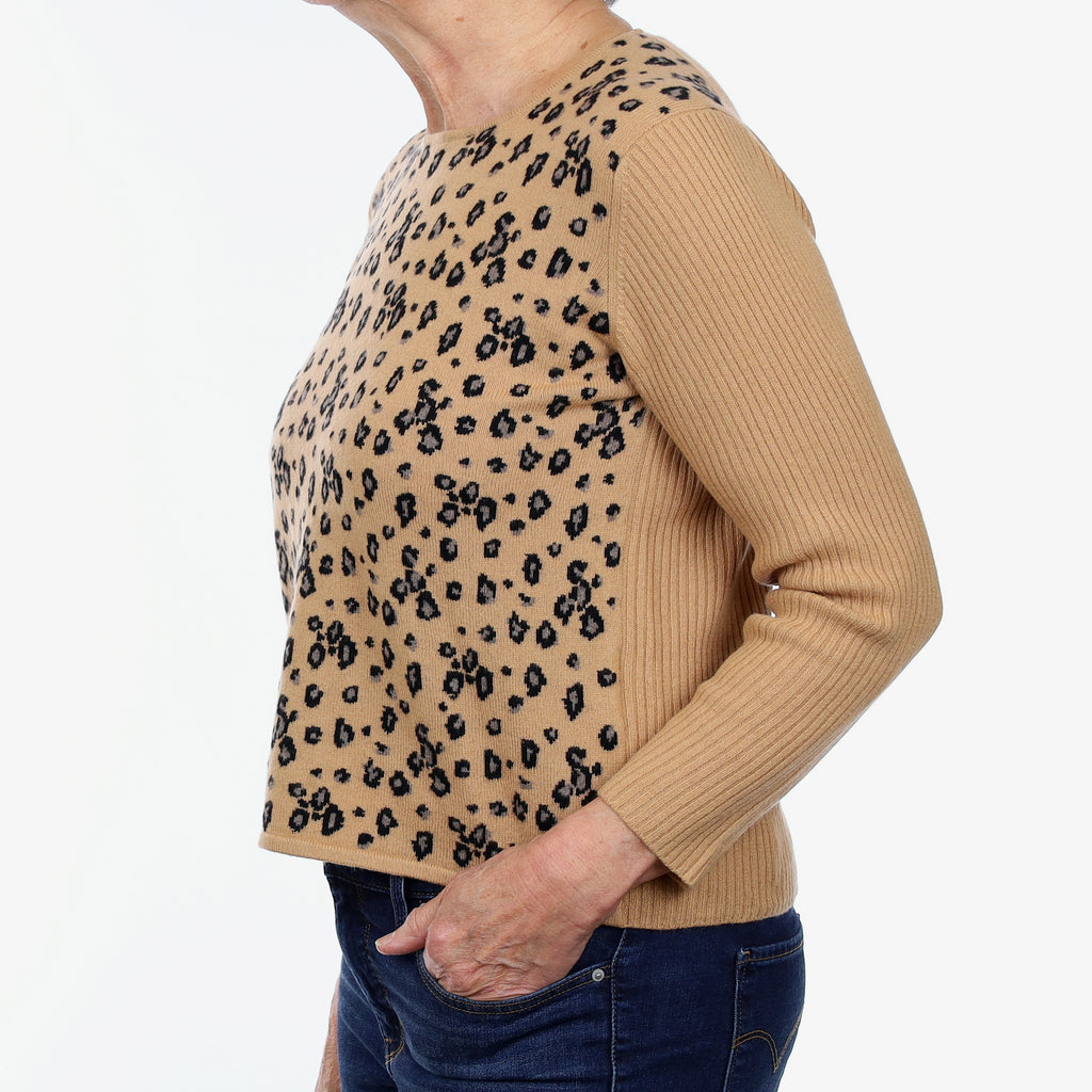 Brown Animal Print Cashmere Crew Neck Jumper Medium