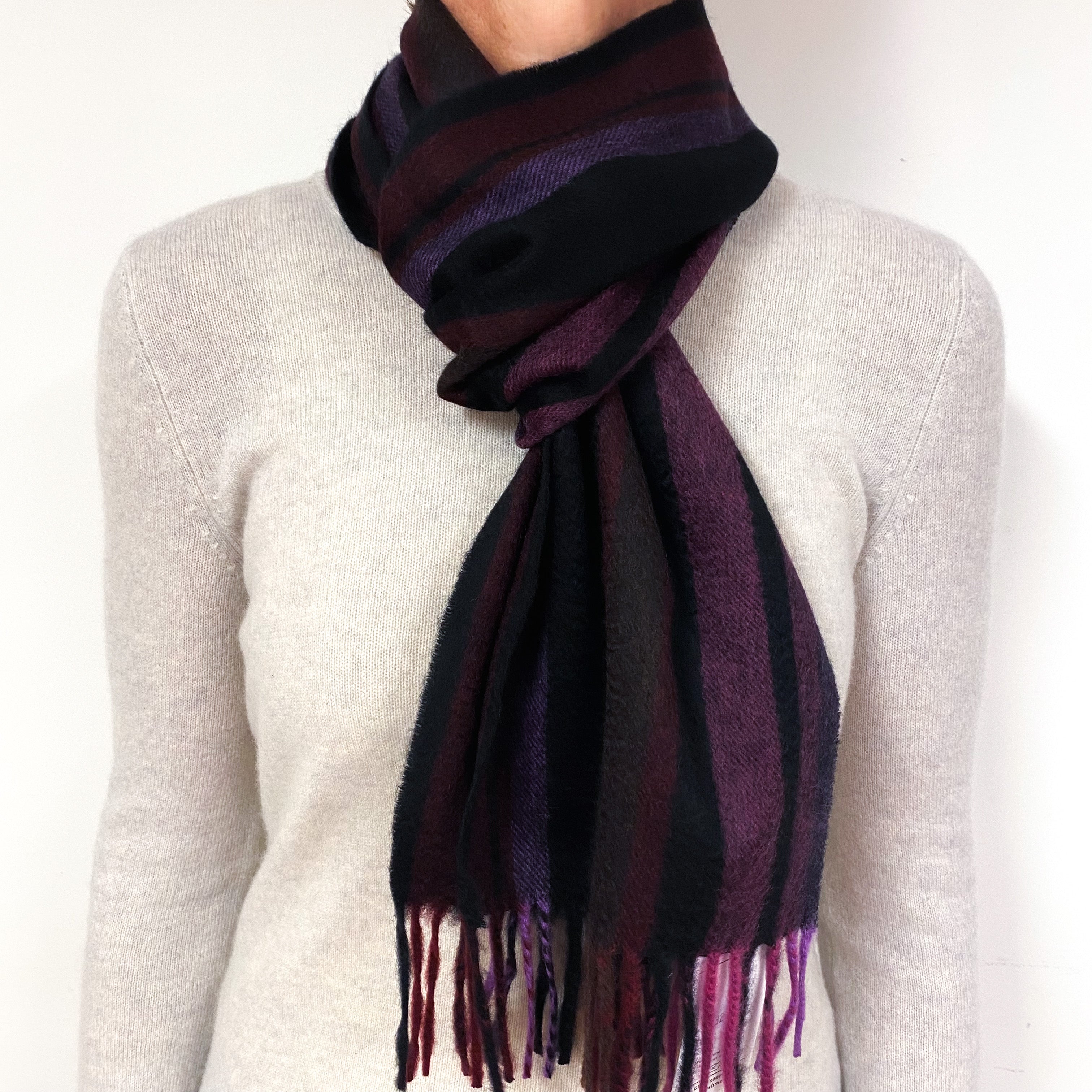 Black, Brown and Purple Striped Cashmere Fringed Woven Scarf