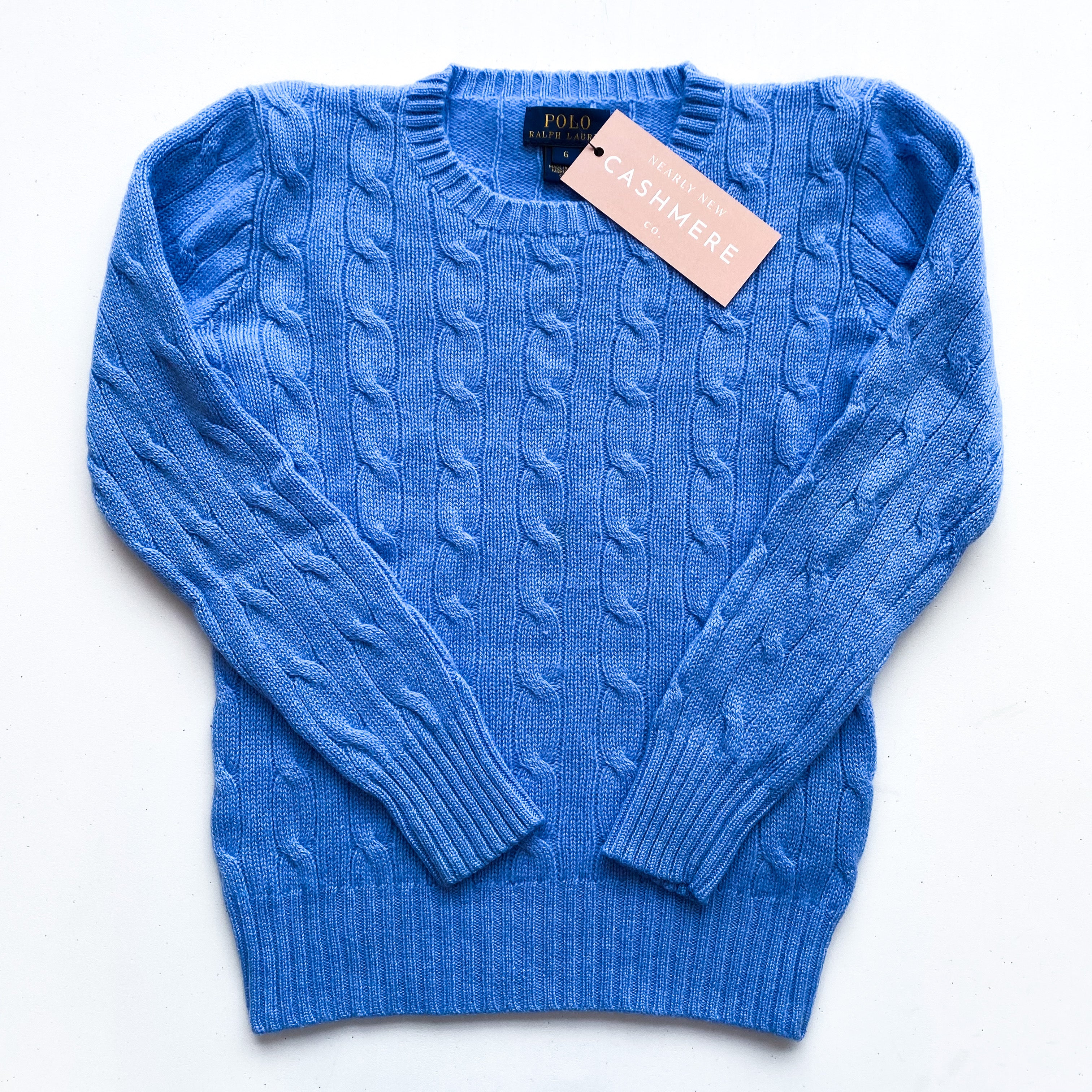 Children’s Ralph Lauren Cornflower Blue Cable Knit Cashmere Crew Neck Jumper Age 6