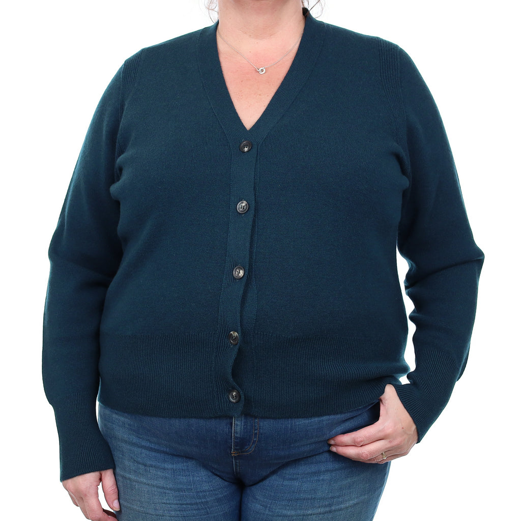 Brand New Scottish Petrol Blue Heavy Knit Cashmere V Neck Cardigan Extra Large