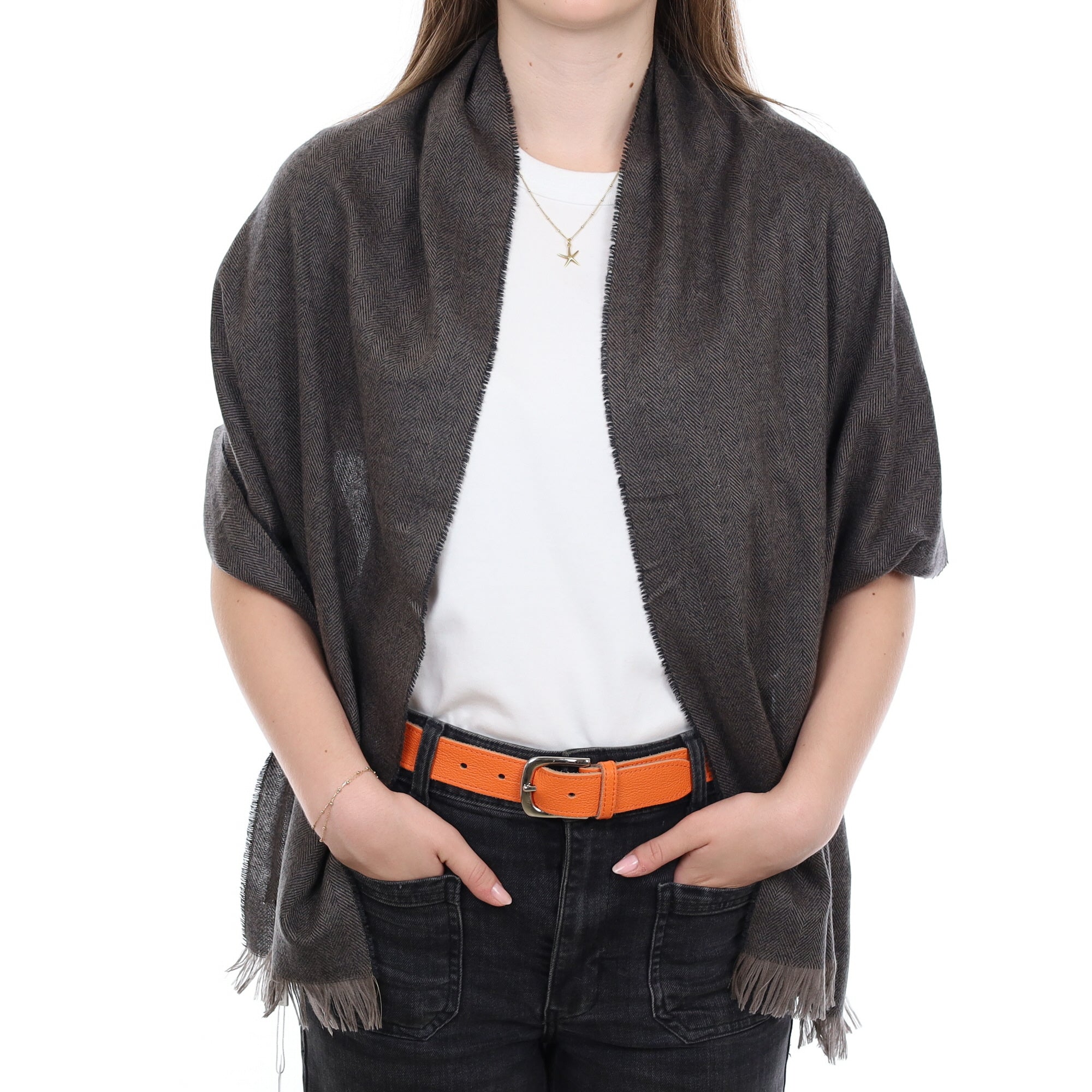 Brand New British Grey & Mocha Herringbone Luxury Woven Cashmere Mini Wrap