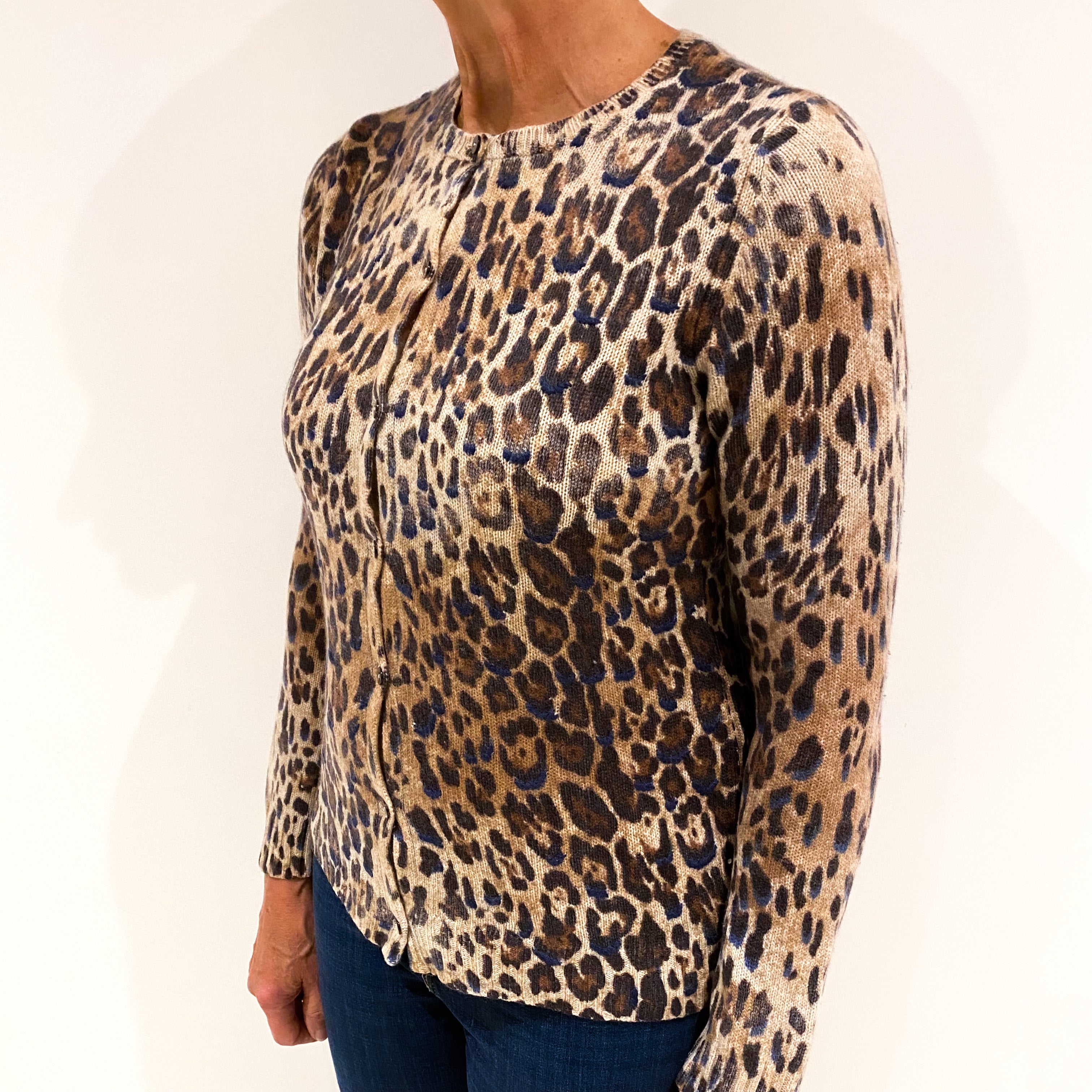 Brown and Beige Leopard Print Cashmere Crew Neck Cardigan Medium