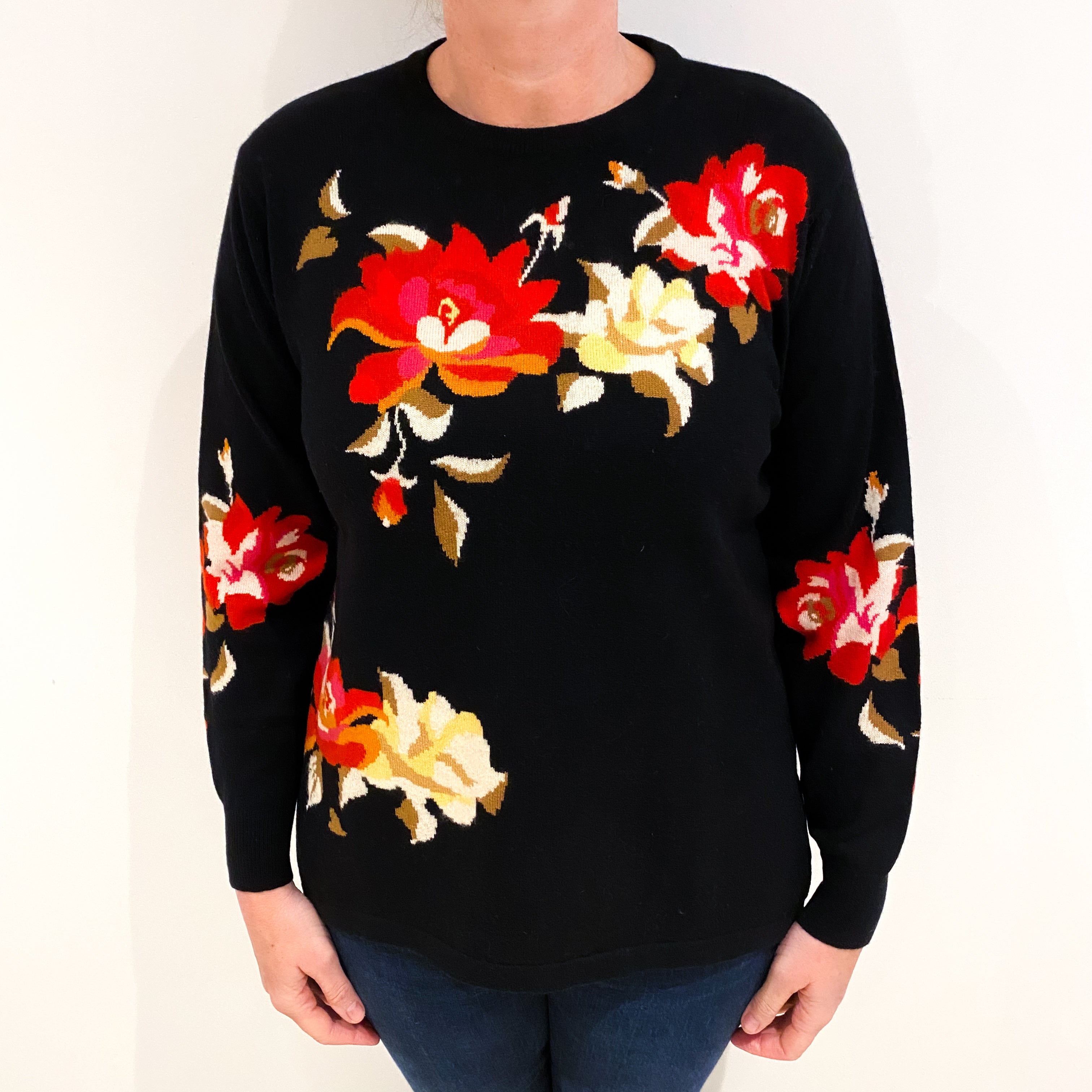 Black Floral Cashmere Crew Neck Jumper Large