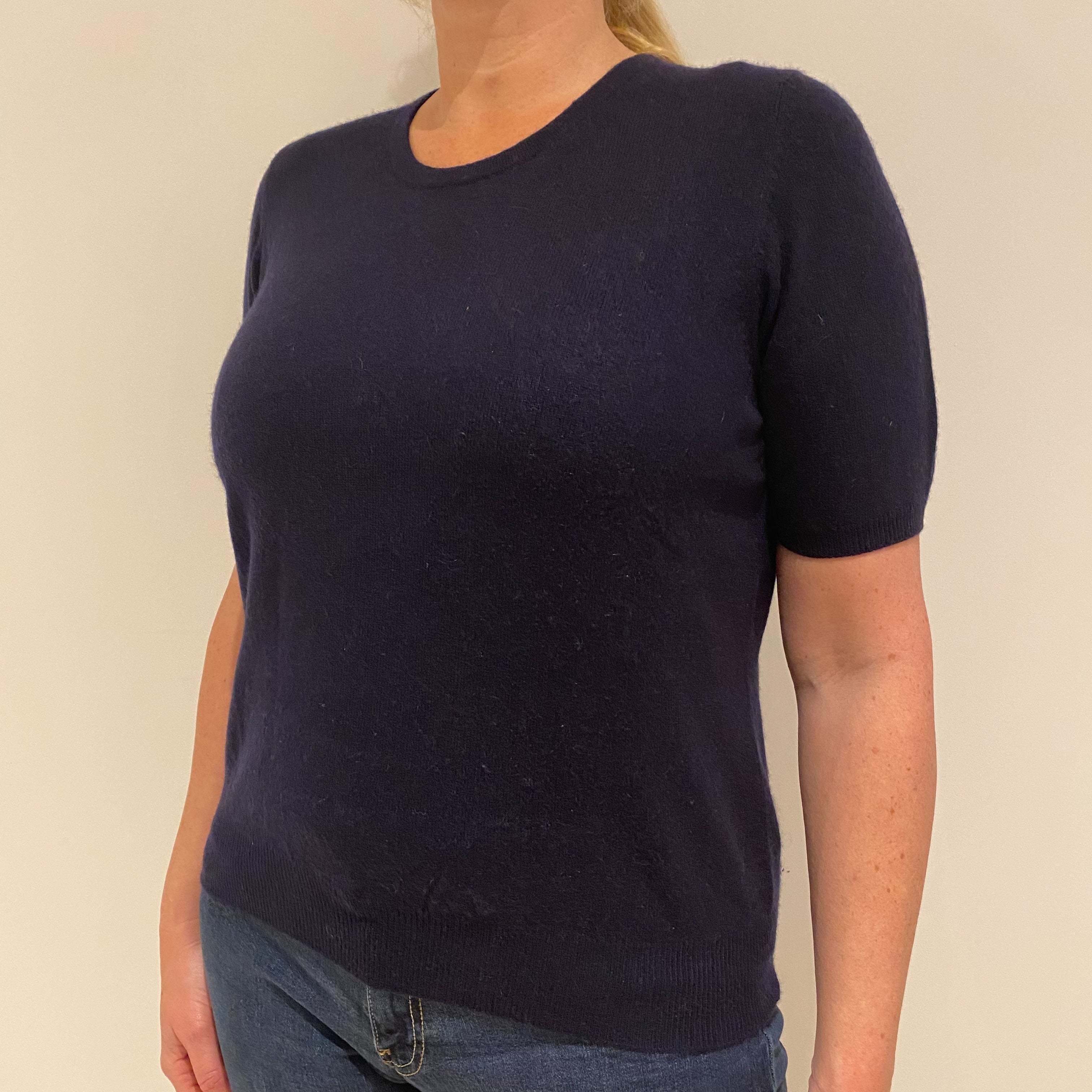 Navy Blue Short Sleeved Cashmere Crew Neck Jumper Large