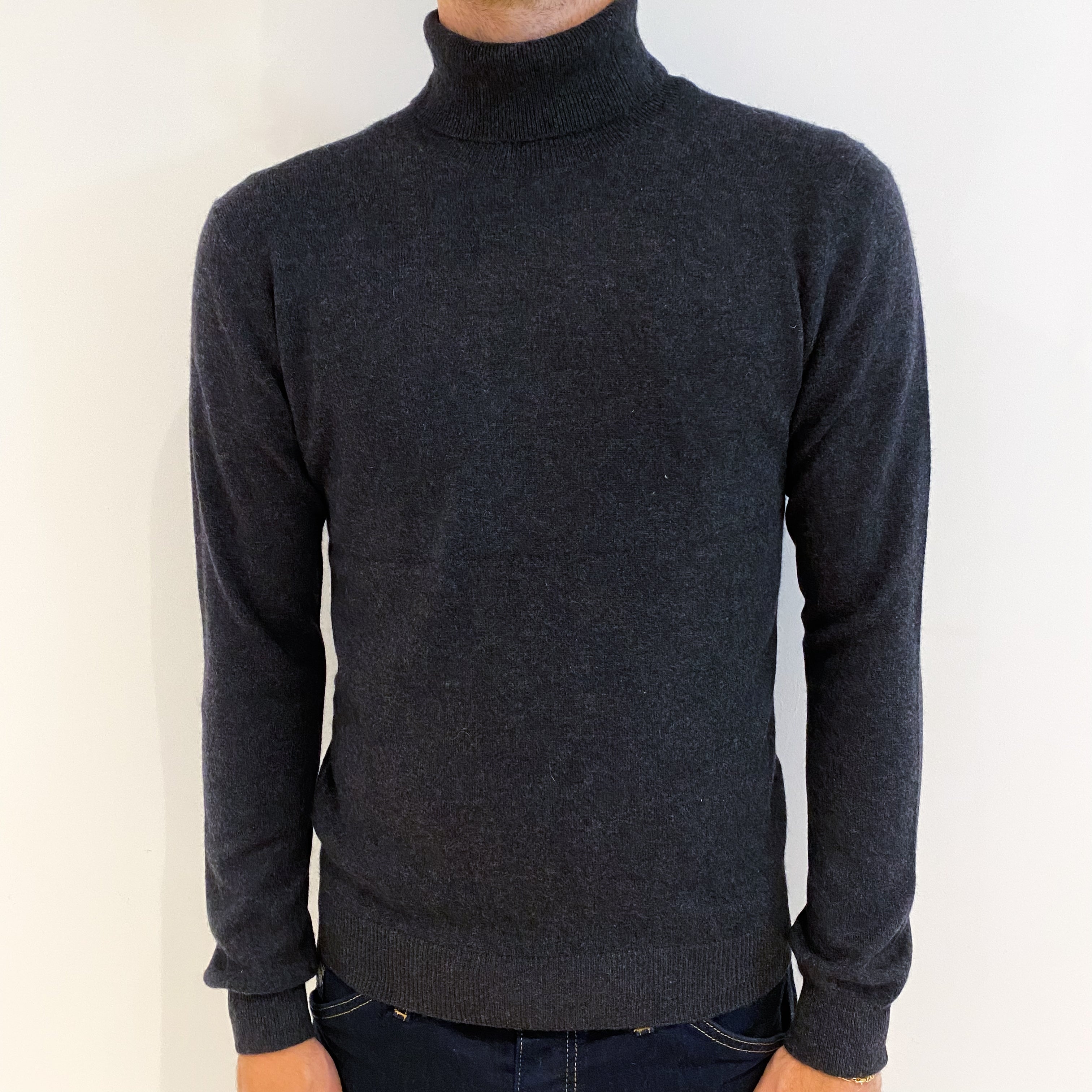 Men's Charcoal Grey Cashmere Polo Neck Jumper Medium
