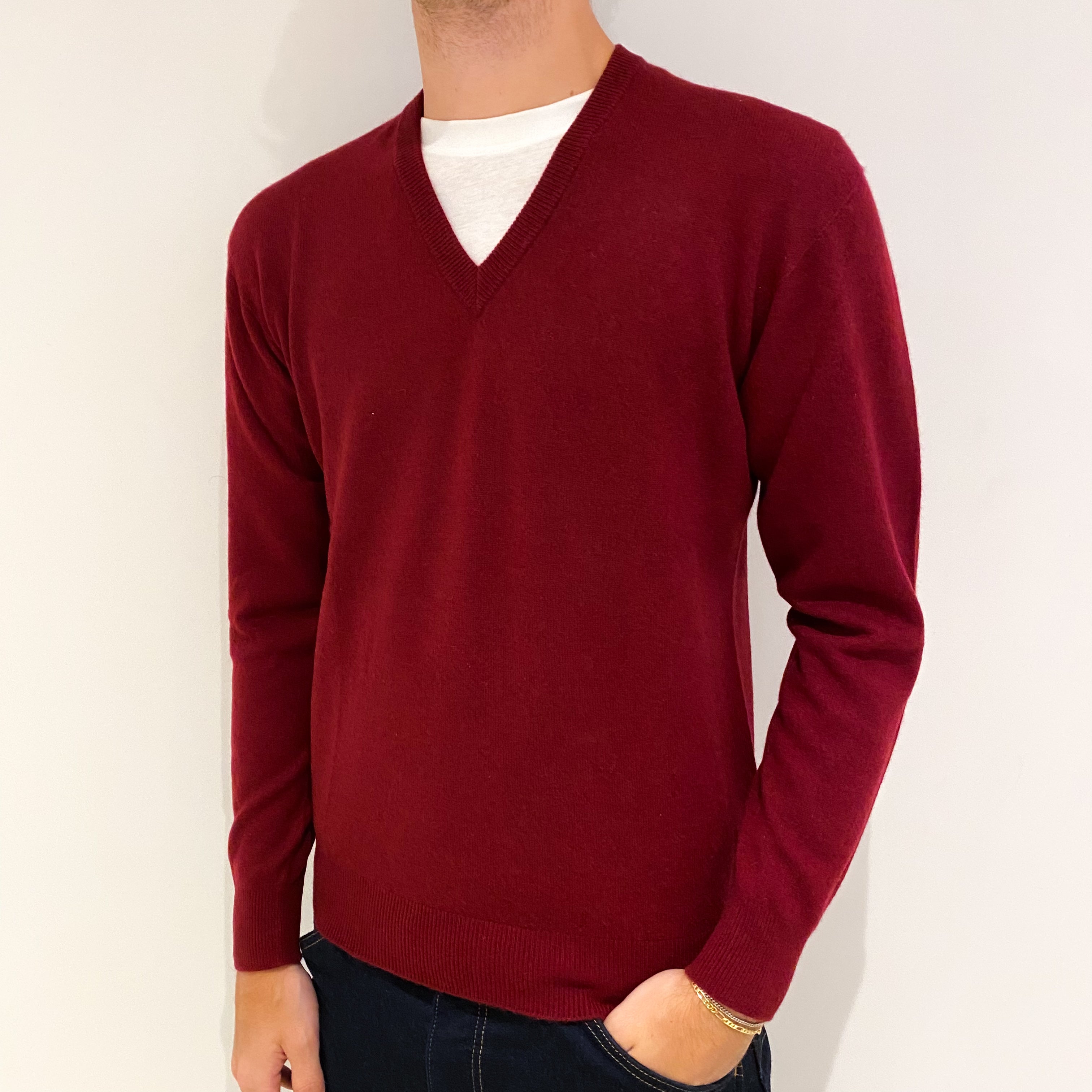 Men's Burgundy Red Cashmere V-Neck Jumper Medium