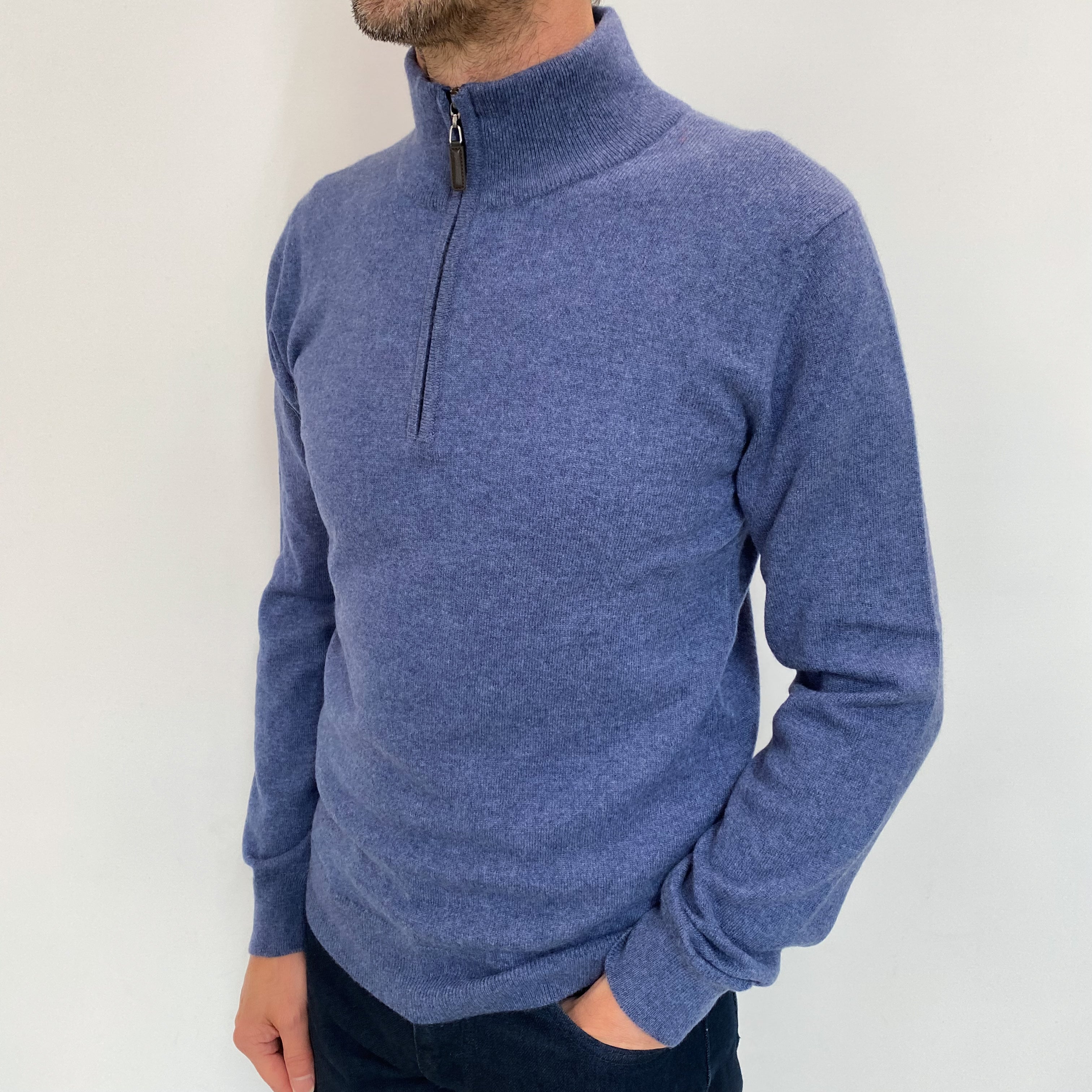 Men's New Scottish Deep Denim Blue Cashmere 1/4 Zip Neck Jumper Small
