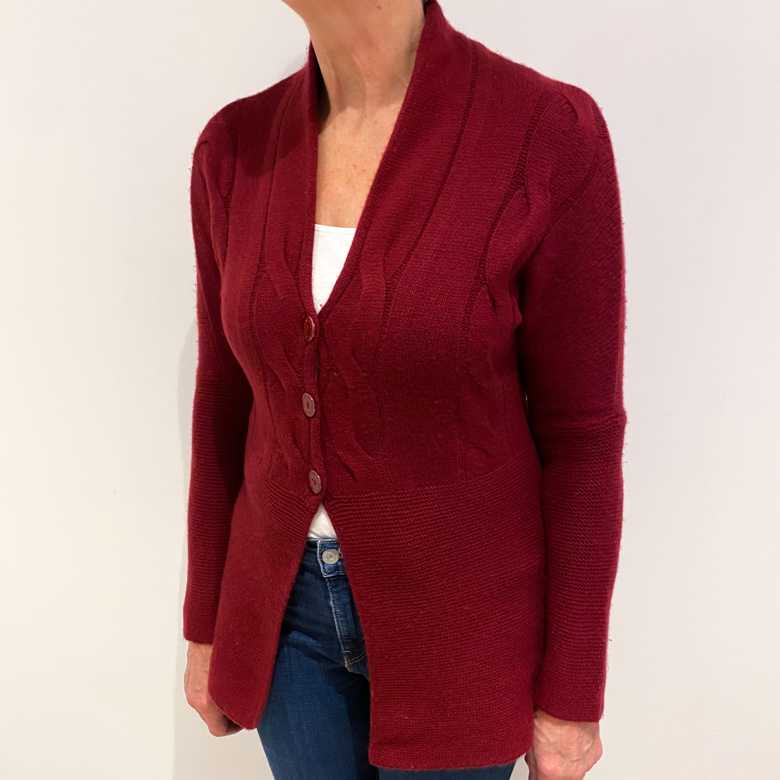 Burgundy Red Chunky Cashmere V Neck Cardigan Medium