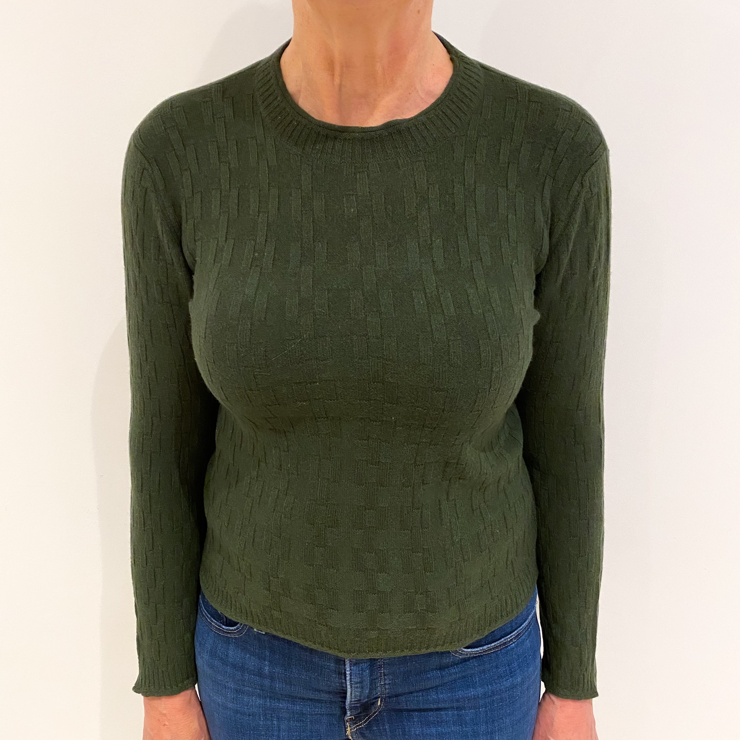 Seaweed Green Cashmere Crew Neck Textured Knit Jumper Medium