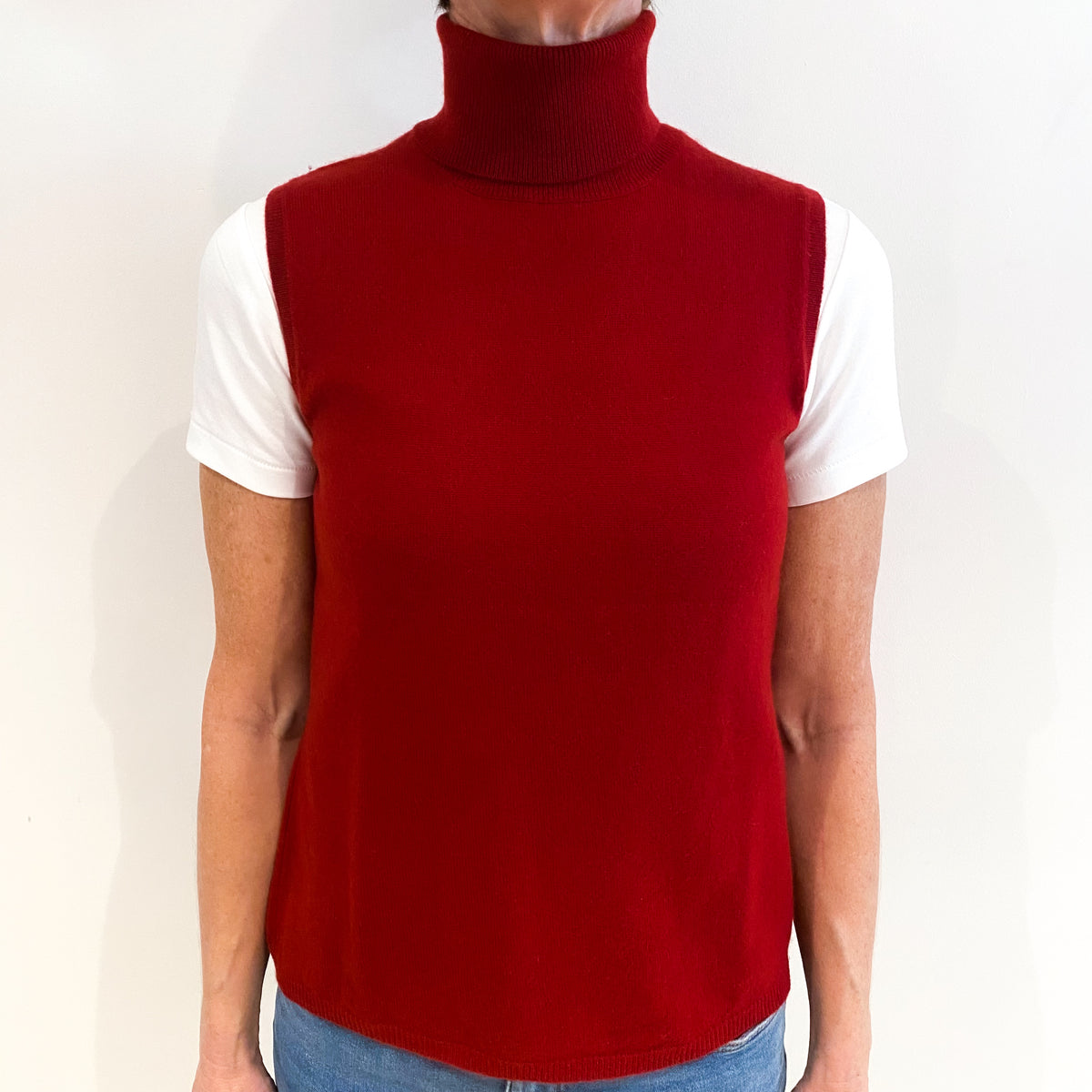 Post Box Red Cashmere Sleeveless Polo Neck Jumper Small