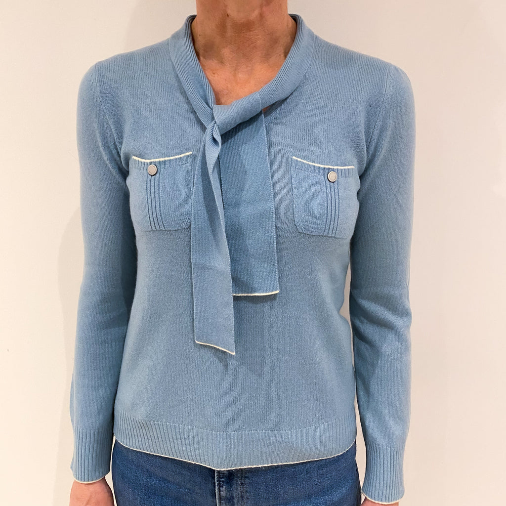 Opal Blue Cashmere Neck Tie Jumper with Pockets Small