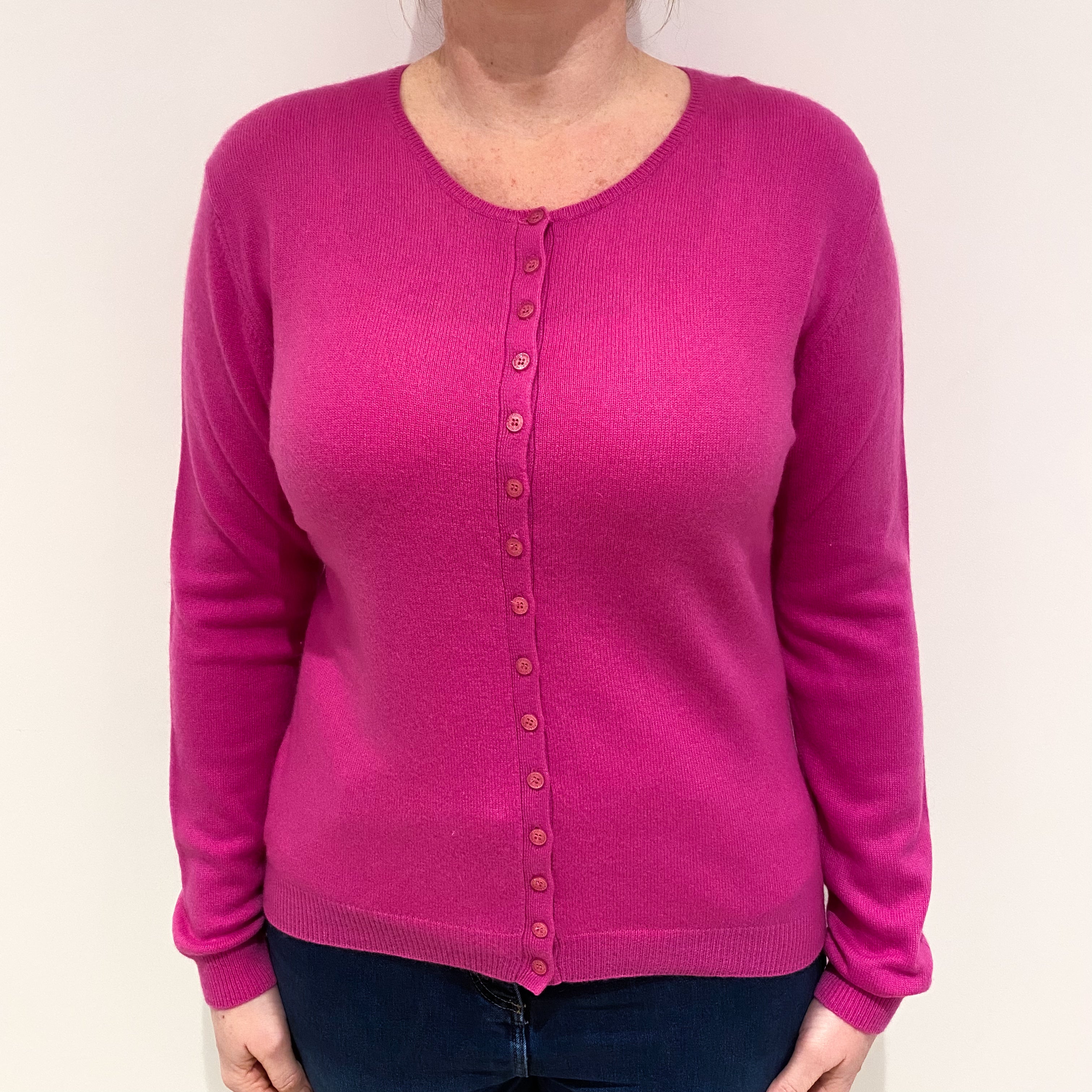 Fuchsia Pink Cashmere Crew Neck Cardigan Large