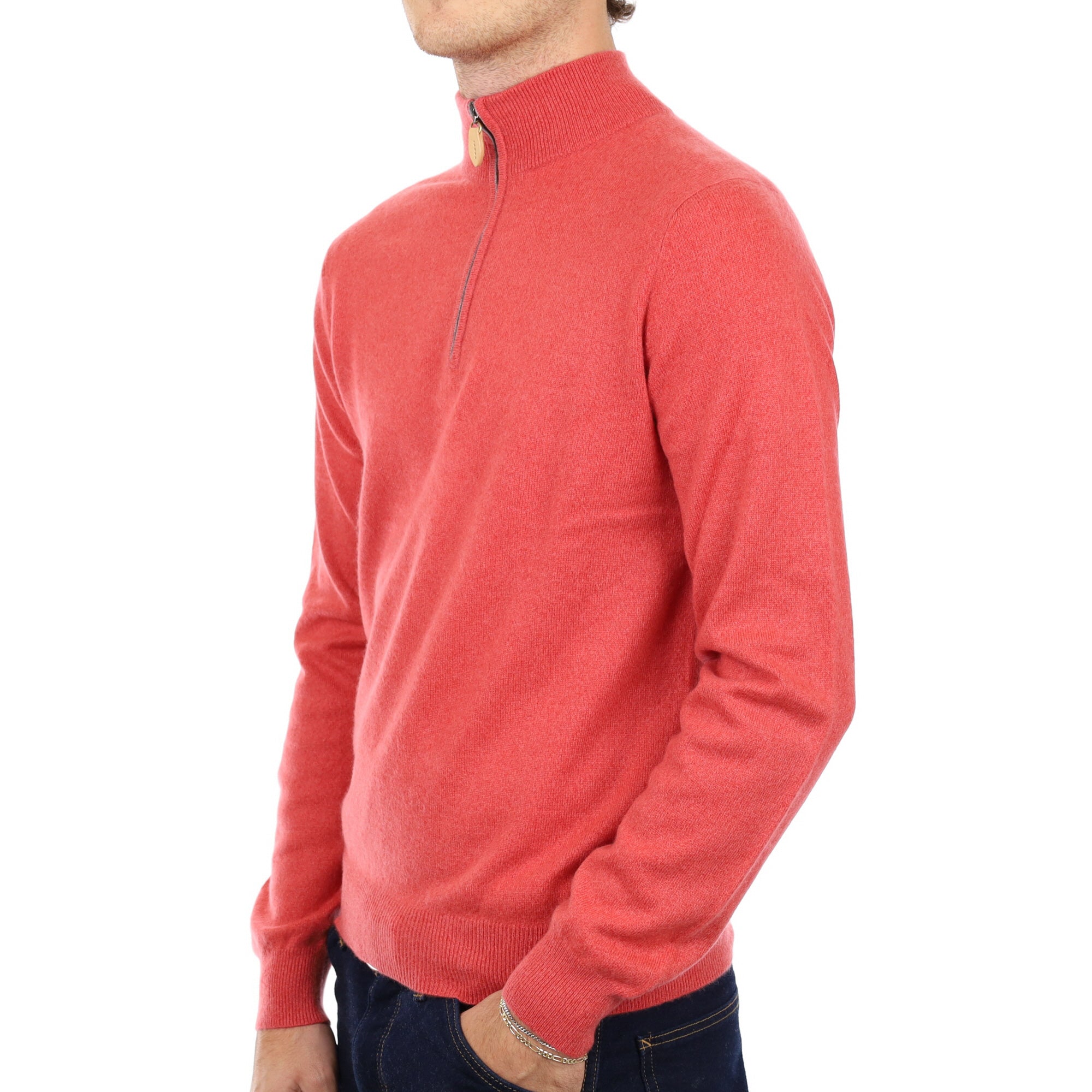Men's Salmon Pink Cashmere 1/4 Zip Neck Jumper Medium