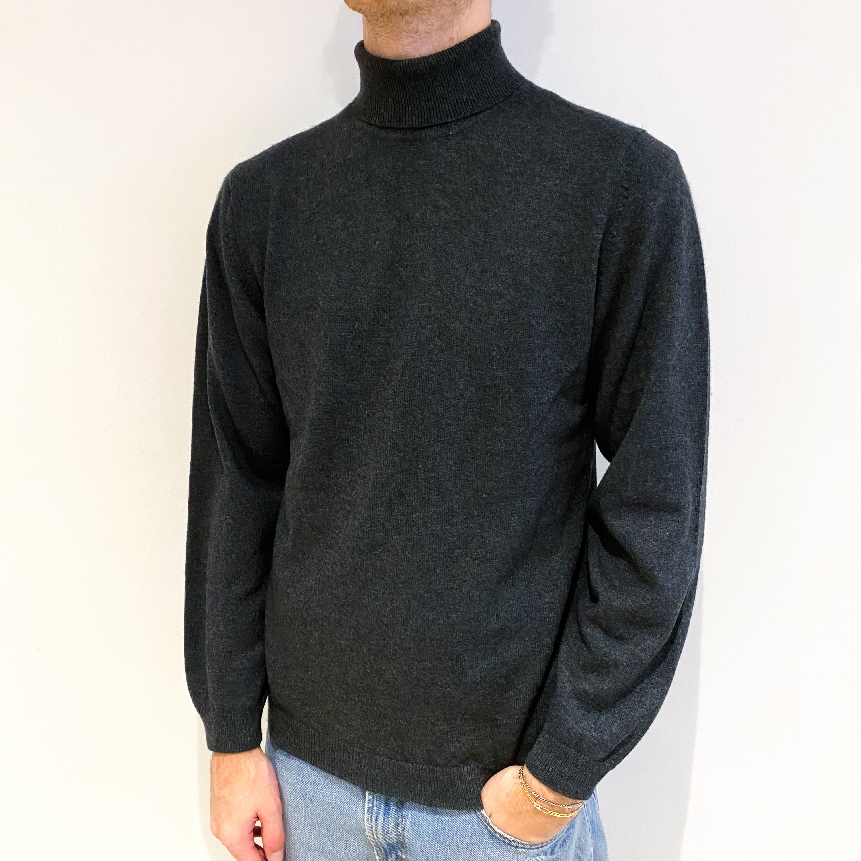 Men's Moss Green Marl Cashmere Polo Neck Jumper Large