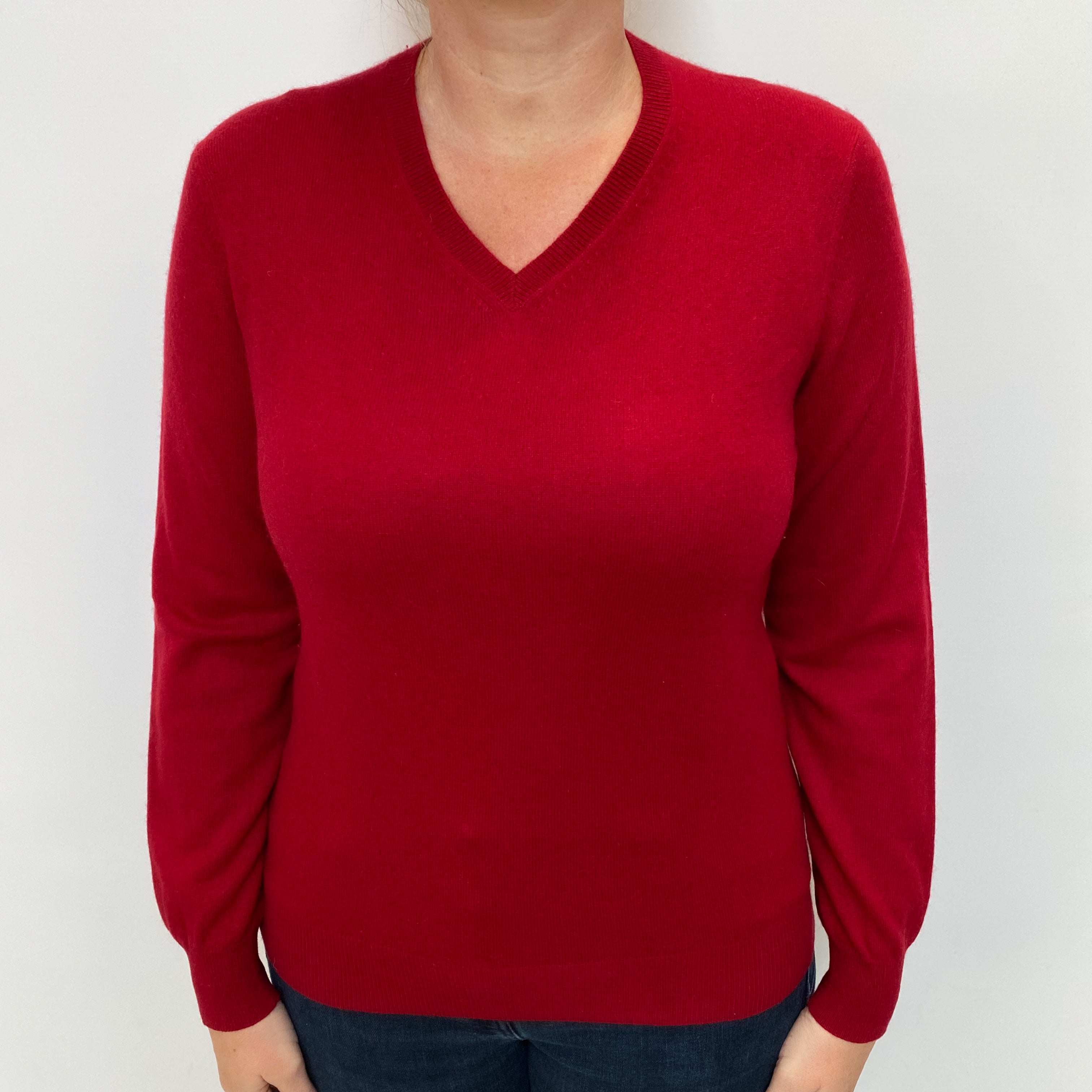 Crimson Red Cashmere V Neck Jumper Large