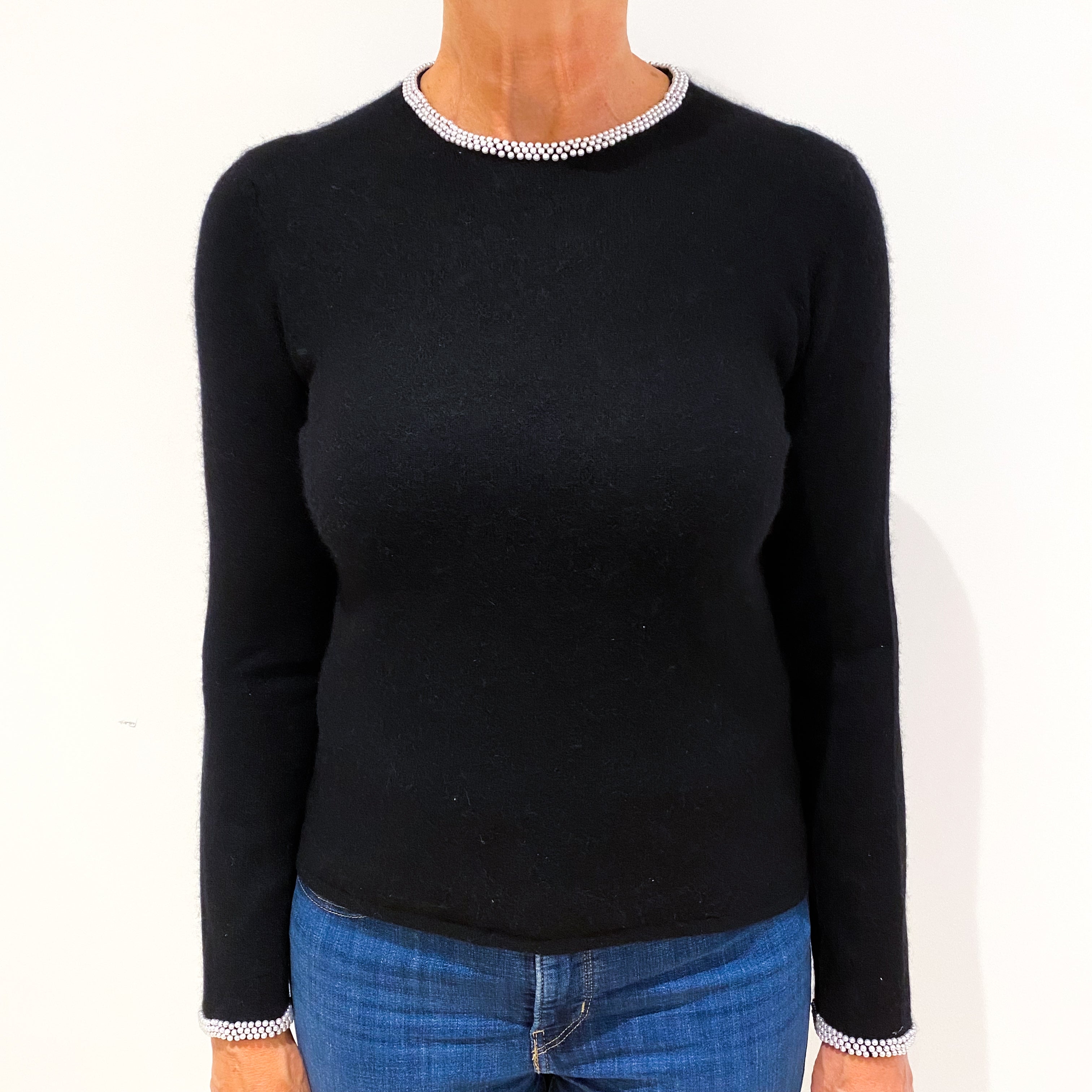 Black Beaded Cashmere Crew Neck Jumper Medium
