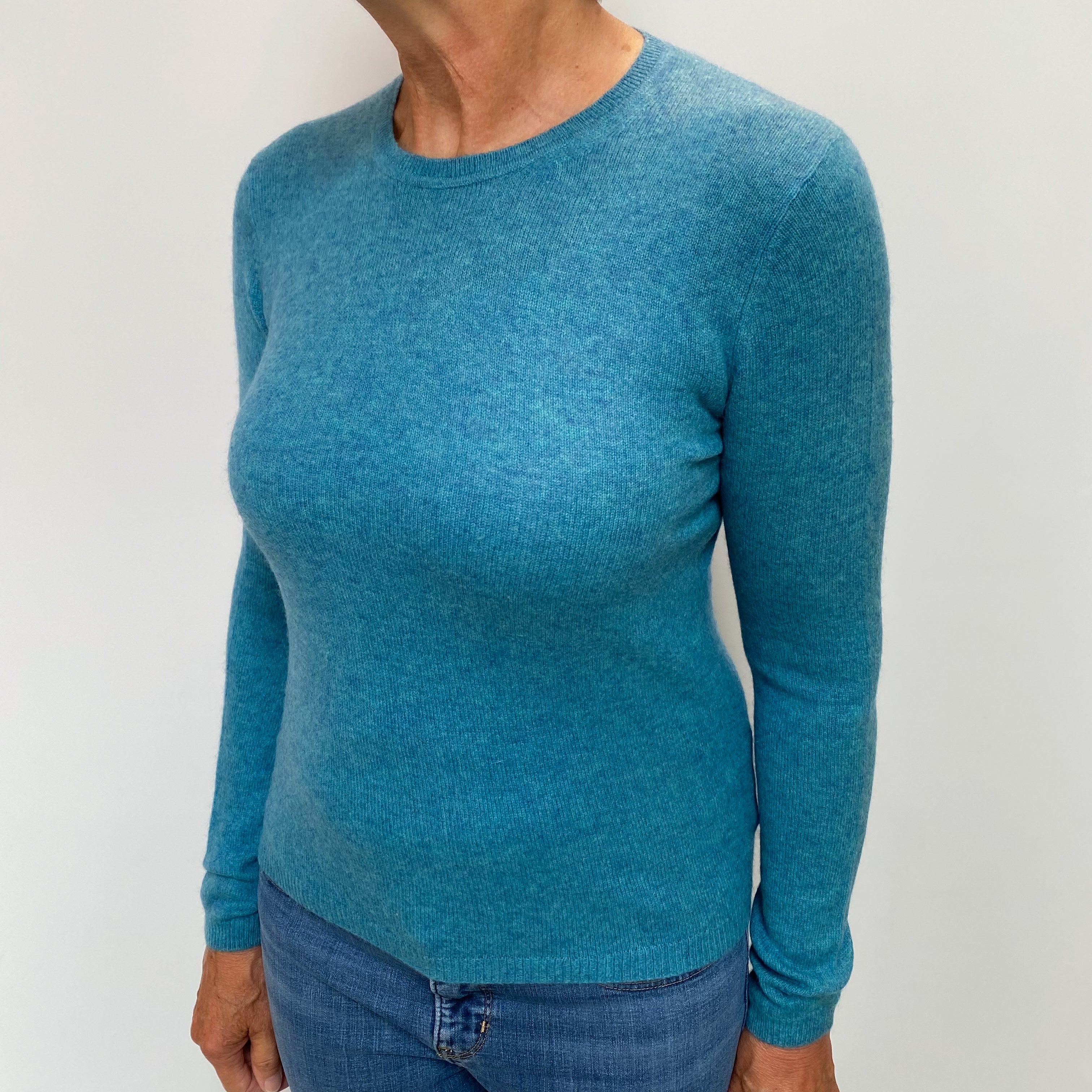 Aqua Blue Marl Cashmere Crew Neck Jumper Medium