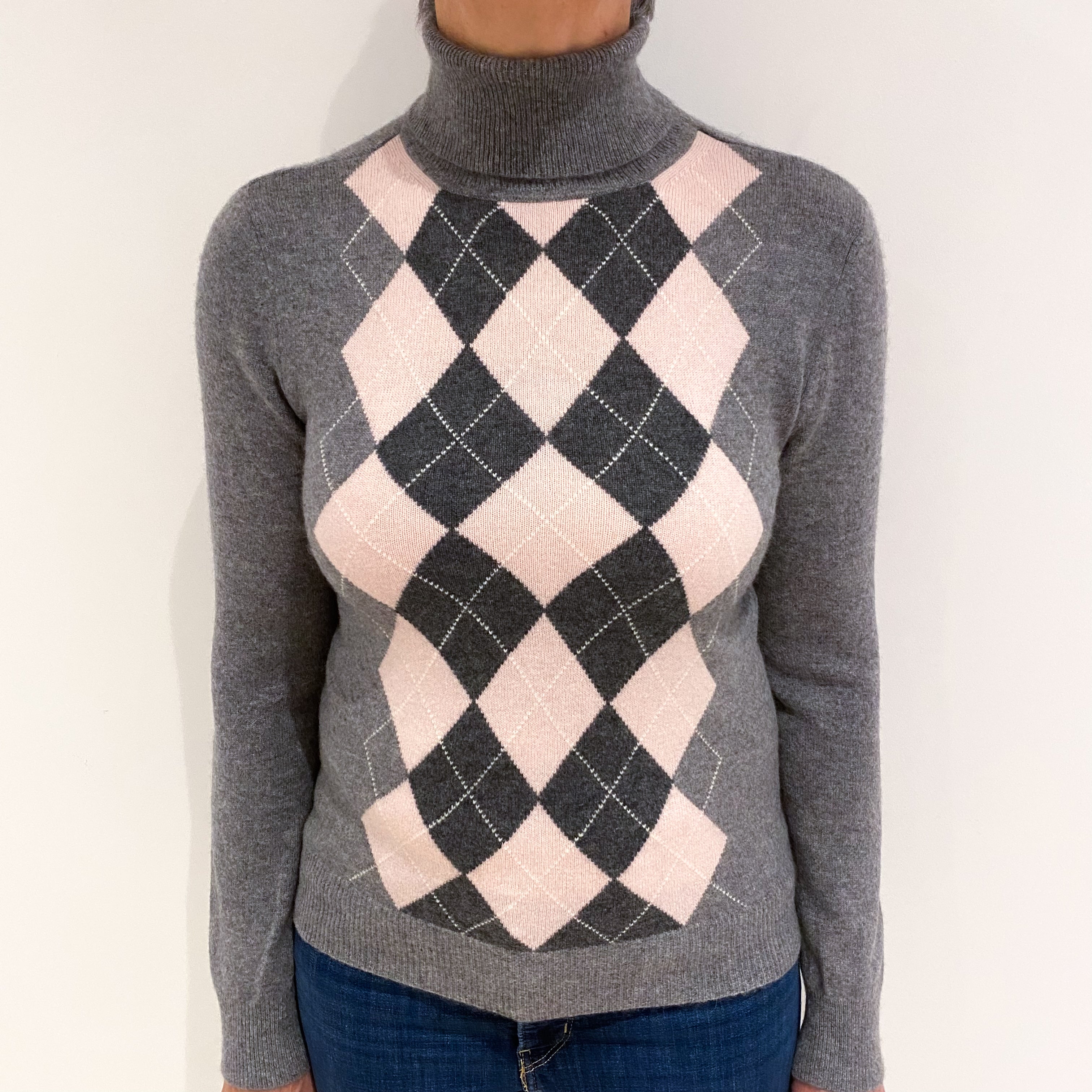 Ash Grey and Ice Pink Cashmere Polo Neck Jumper Medium