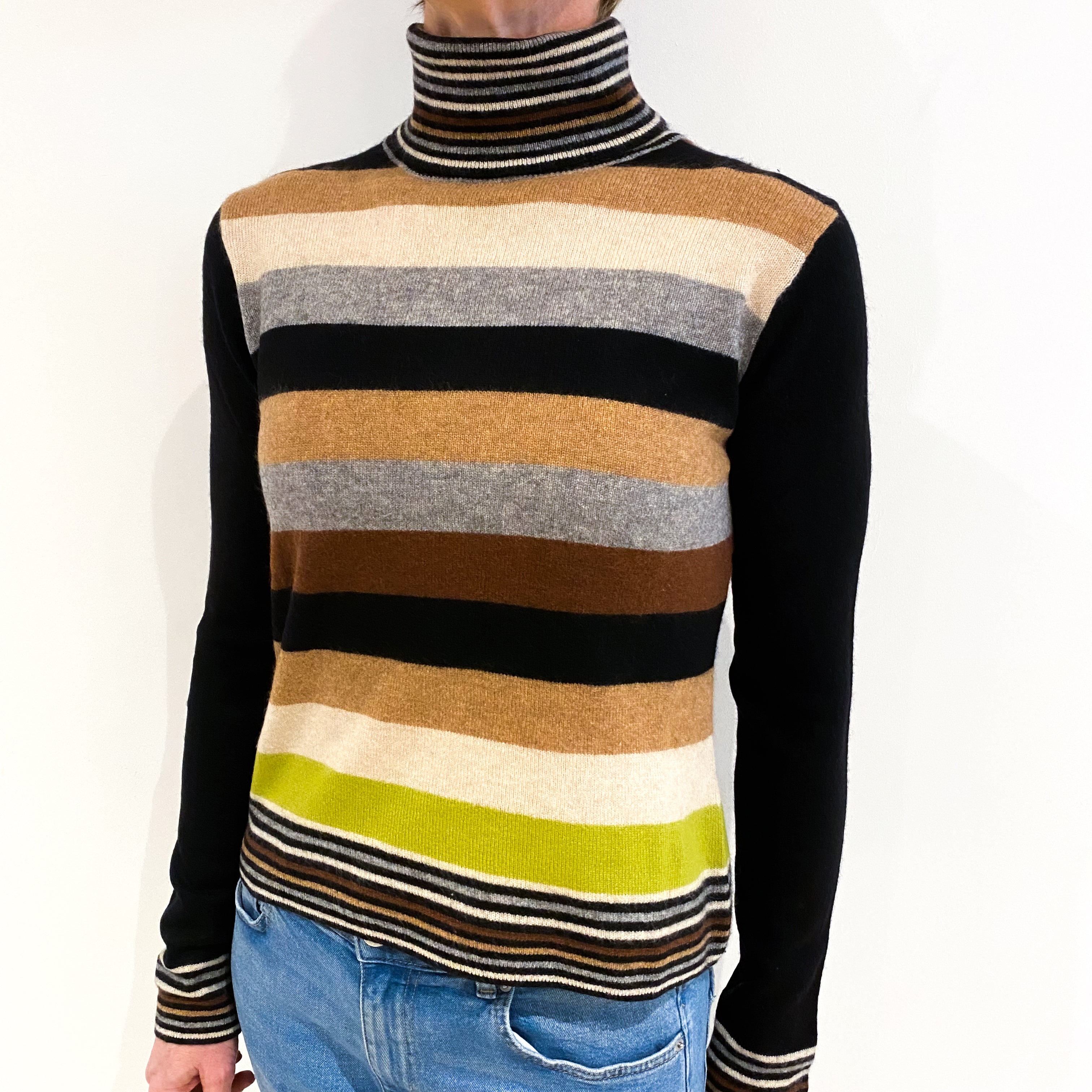 Brown and Black Stripe Cashmere Polo Neck Jumper Small