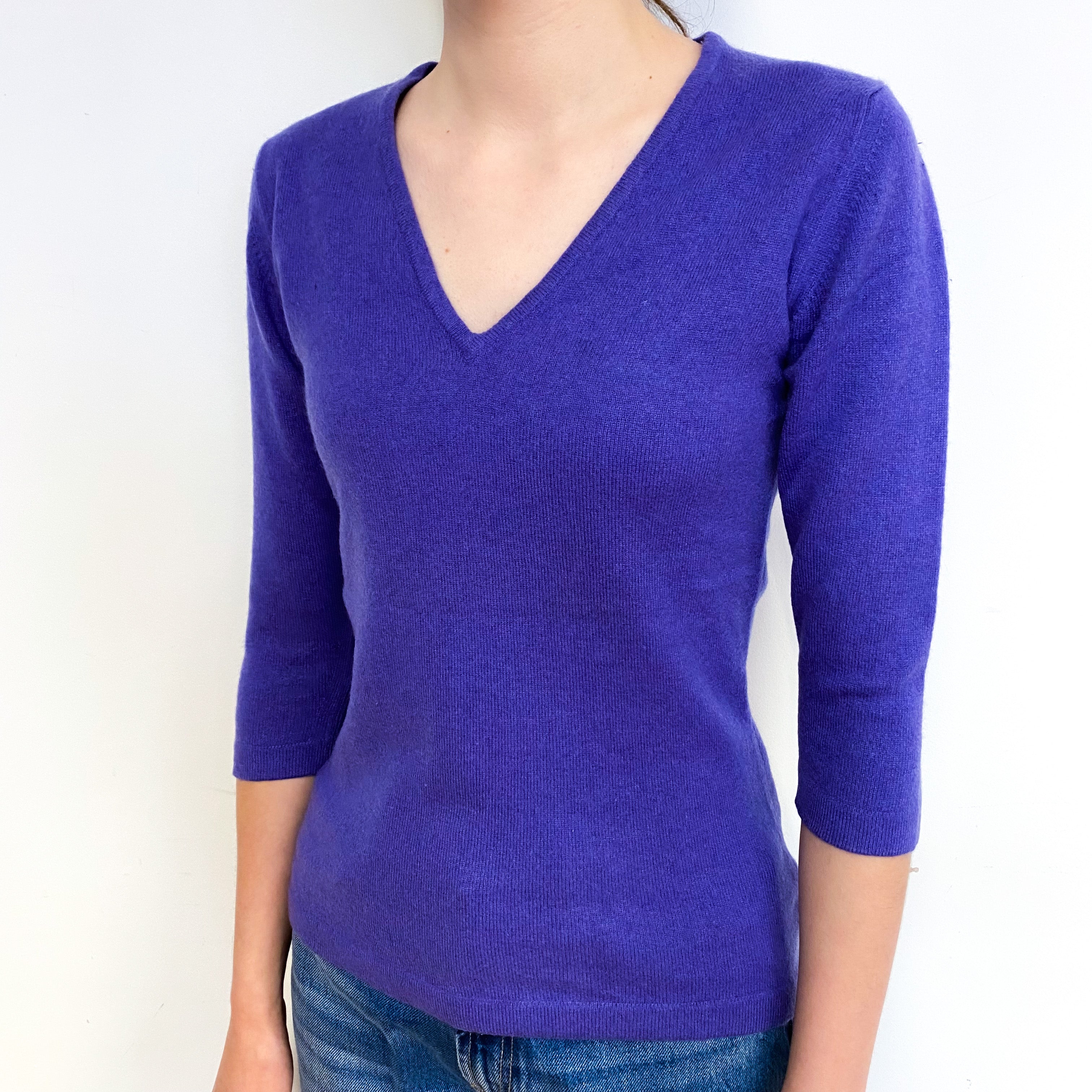 Pansy Purple 3/4 Sleeve Cashmere V-Neck Jumper Extra Small