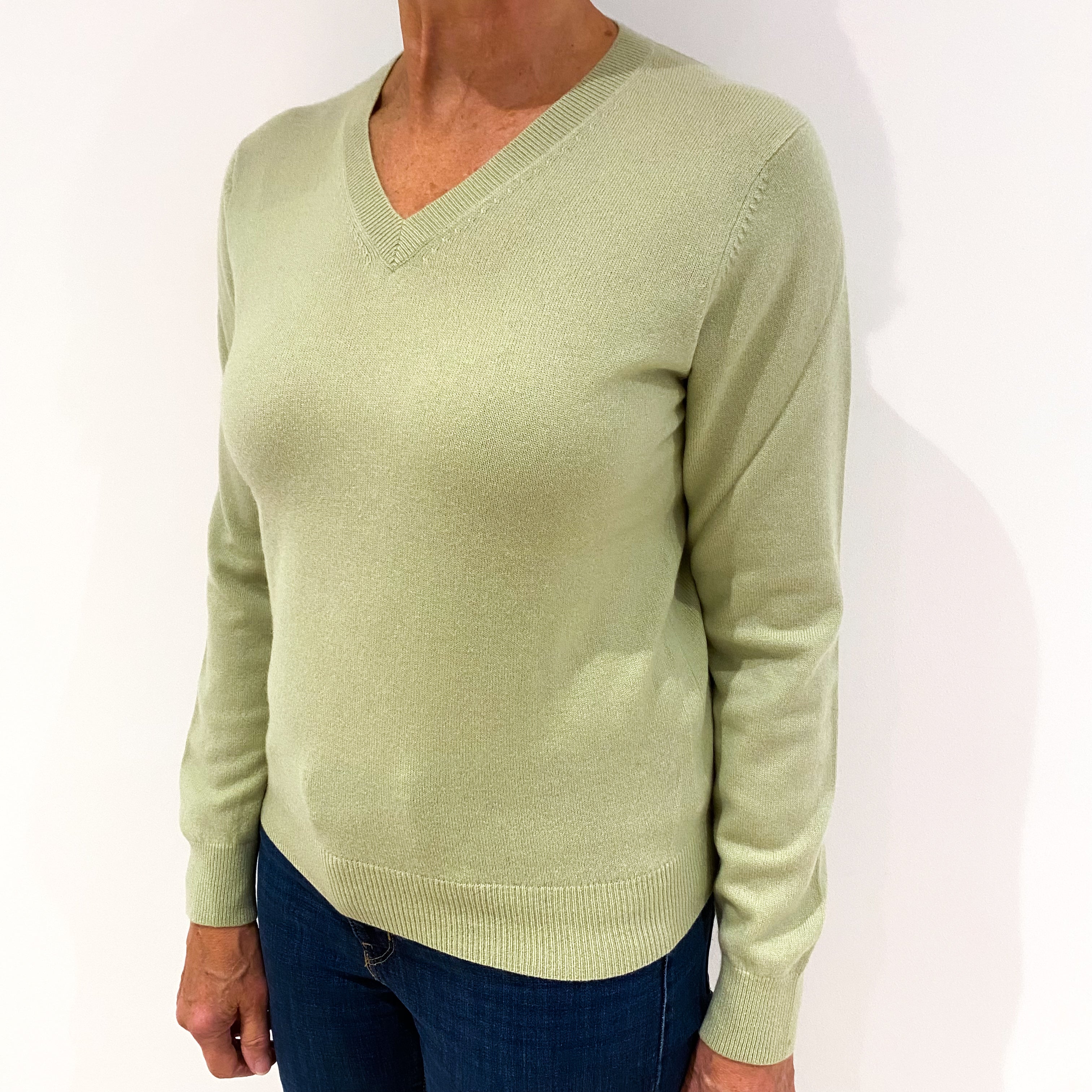 Celery Green Cashmere V-Neck Jumper Medium