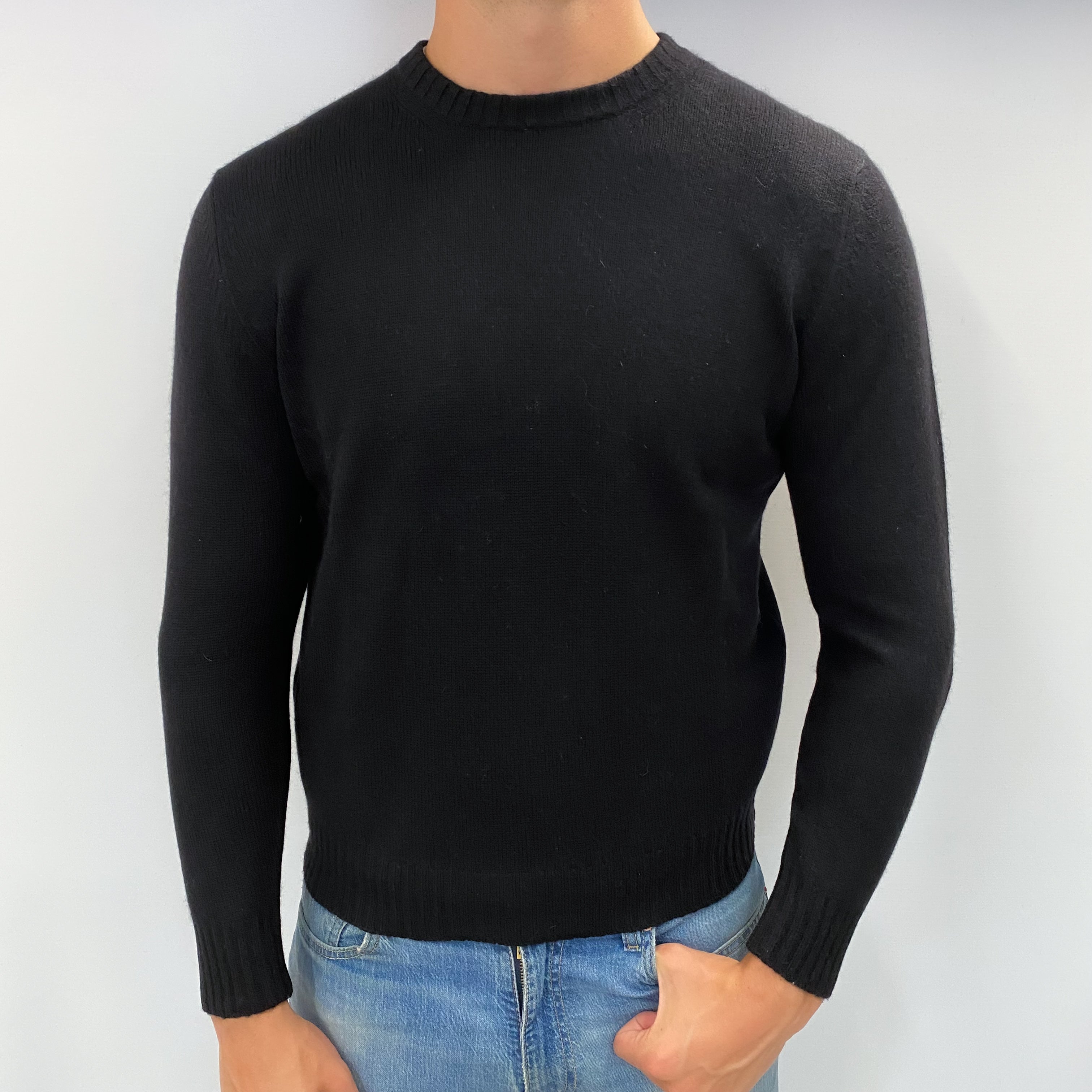 Men's Italian Black Cashmere Crew Neck Jumper XL