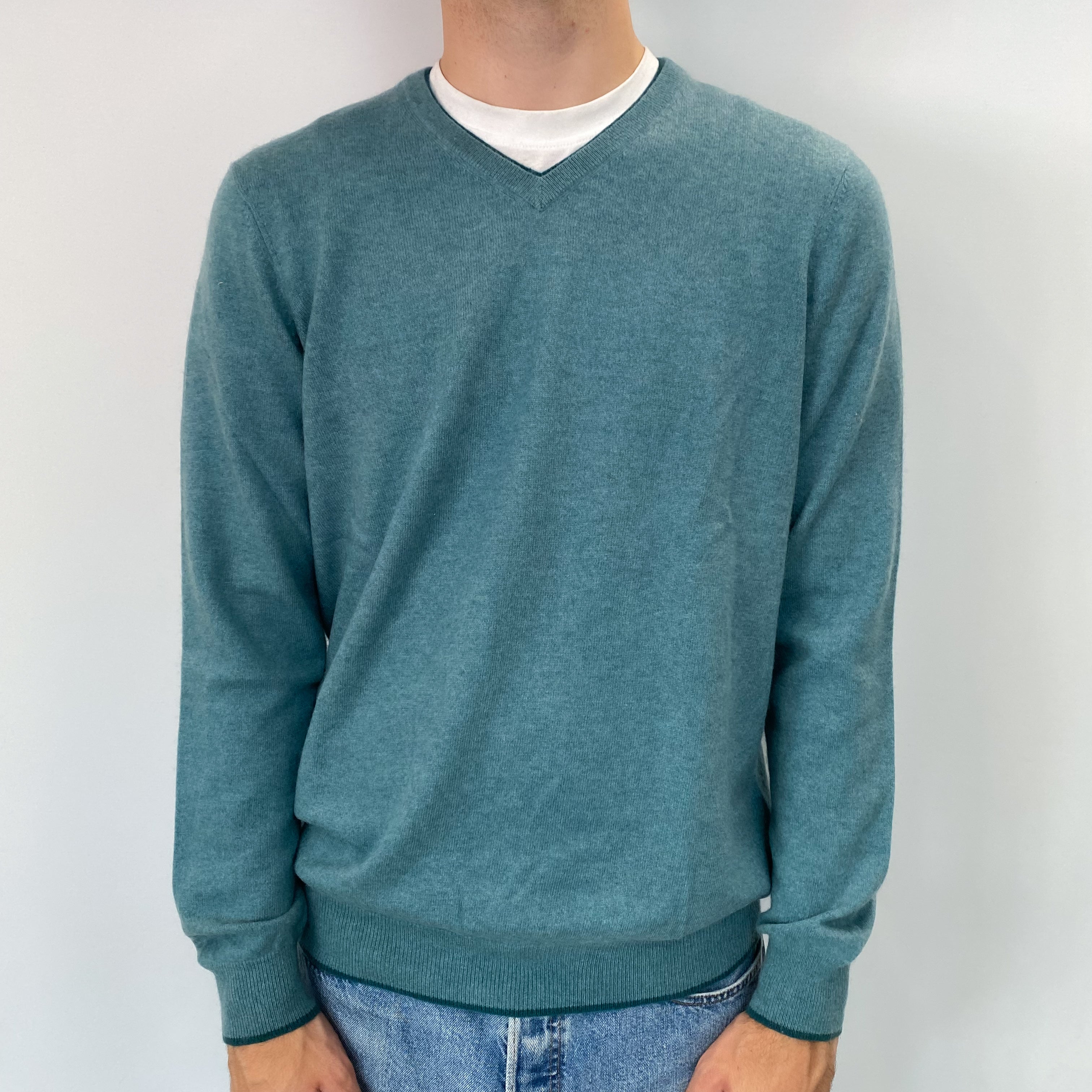 Men's Seafoam Green Cashmere V Neck Jumper Large